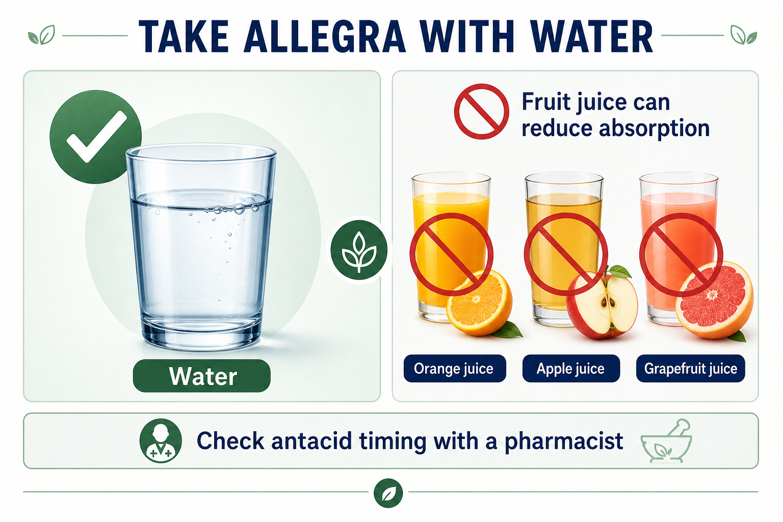 Allegra absorption guidance showing water as the preferred drink and orange, apple and grapefruit juice as drinks that can reduce absorption.