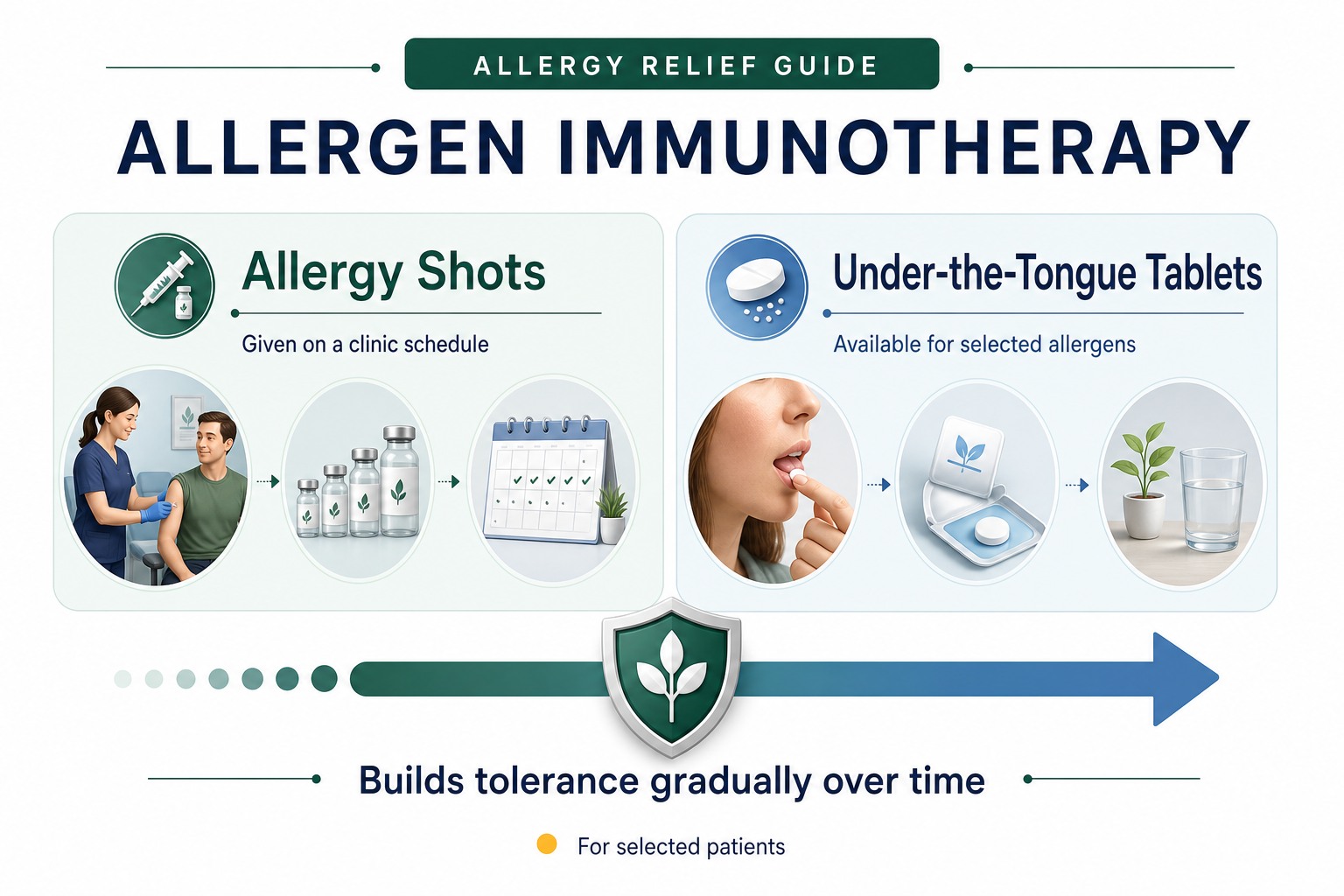 Comparison of allergy shots and under-the-tongue tablets as allergen immunotherapy options for selected patients.