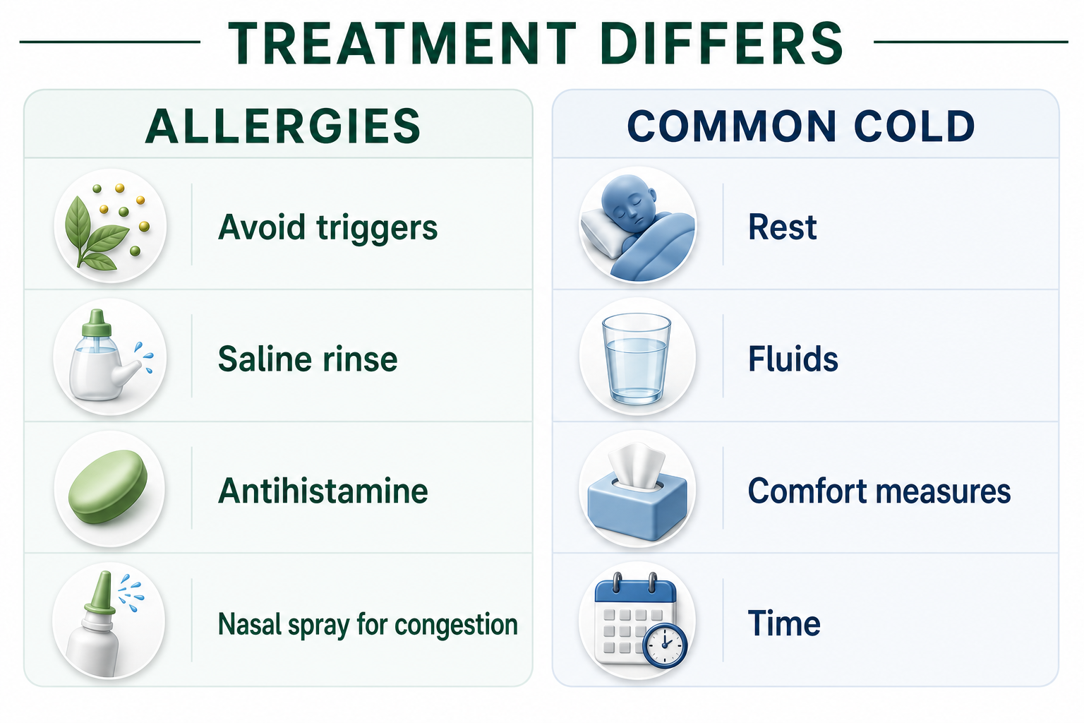 Comparison of allergy relief using trigger avoidance, saline, antihistamines and nasal spray with common cold care using rest, fluids, comfort measures and time.
