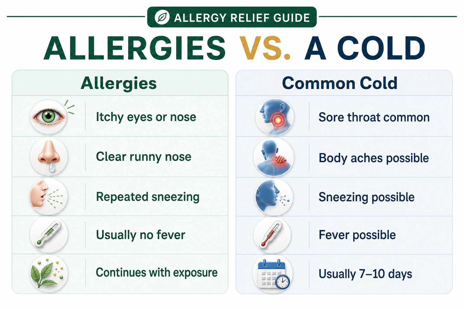 Visual comparison of allergies and a common cold, including itching, fever, sneezing and symptom duration.