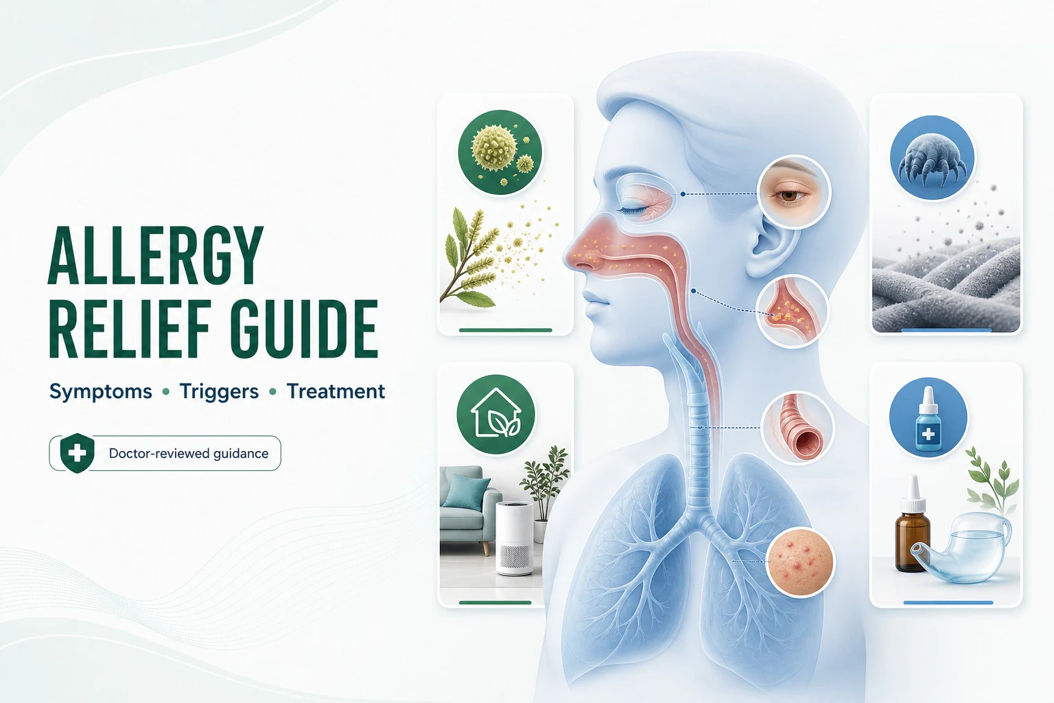 Allergy relief guide illustration linking allergy symptoms, common triggers and treatment options.