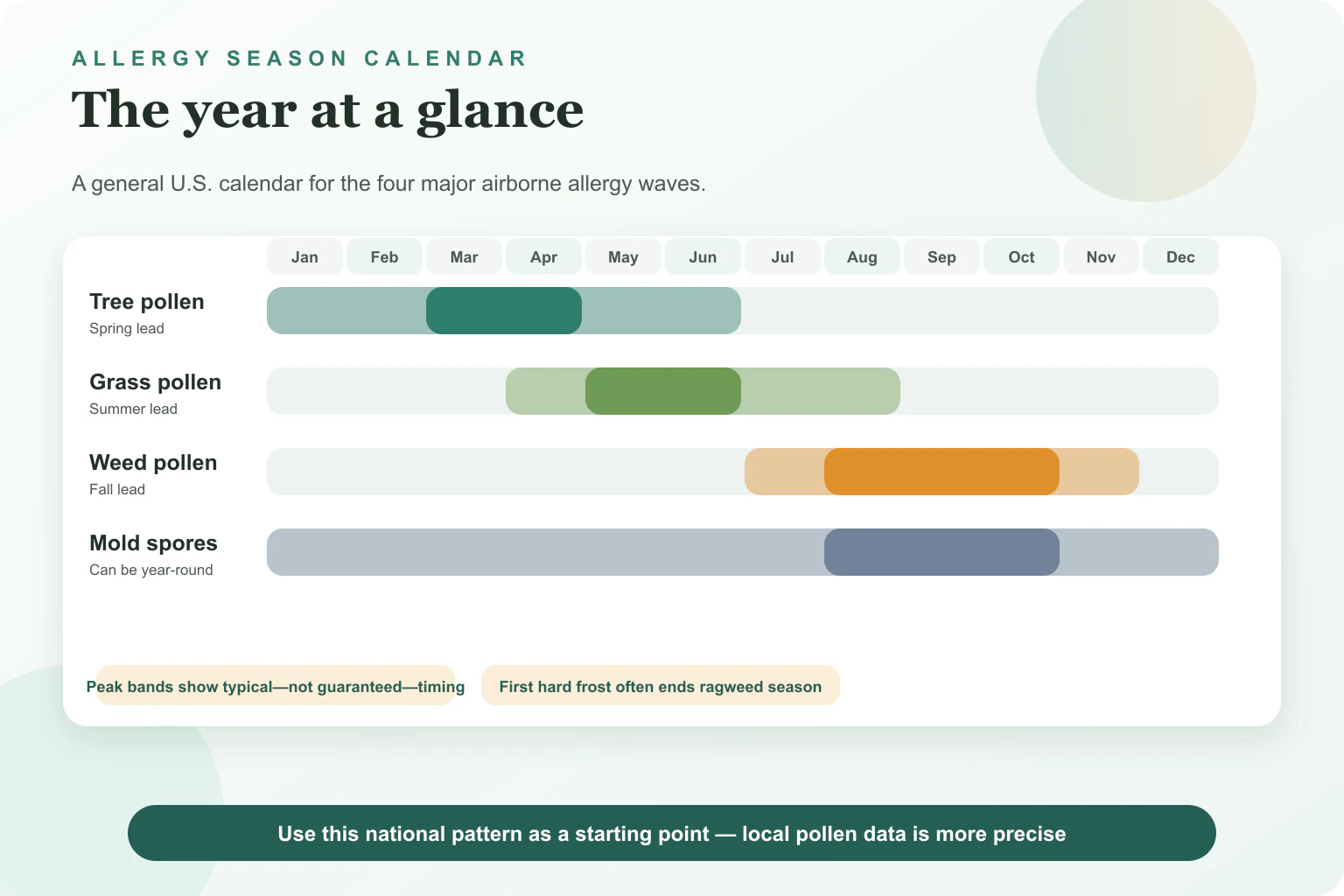 Year-round allergy season calendar showing typical tree, grass, weed pollen and mold peaks by month.