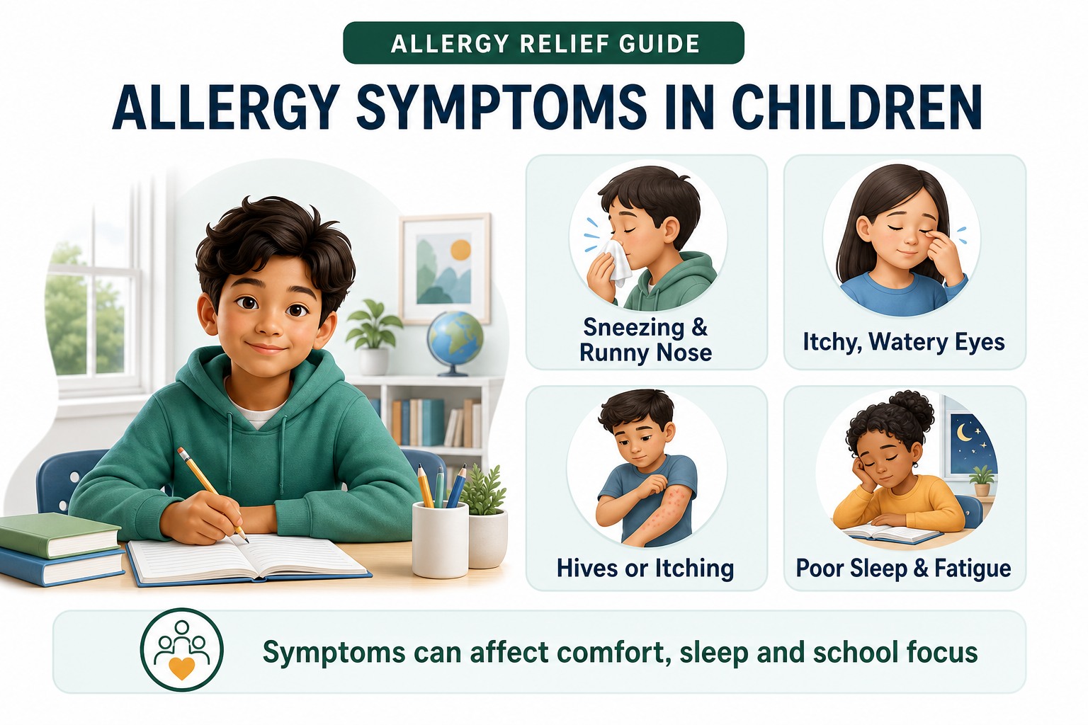 Common allergy symptoms in children including sneezing, watery eyes, skin itching and fatigue from poor sleep.