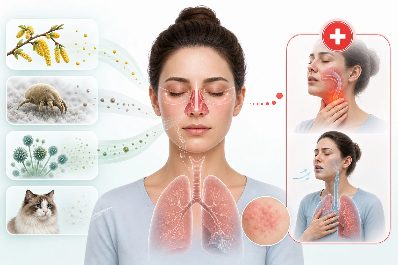 Medical illustration connecting allergy triggers to eye, nose, airway and skin symptoms, with urgent breathing and throat-swelling warning signs.