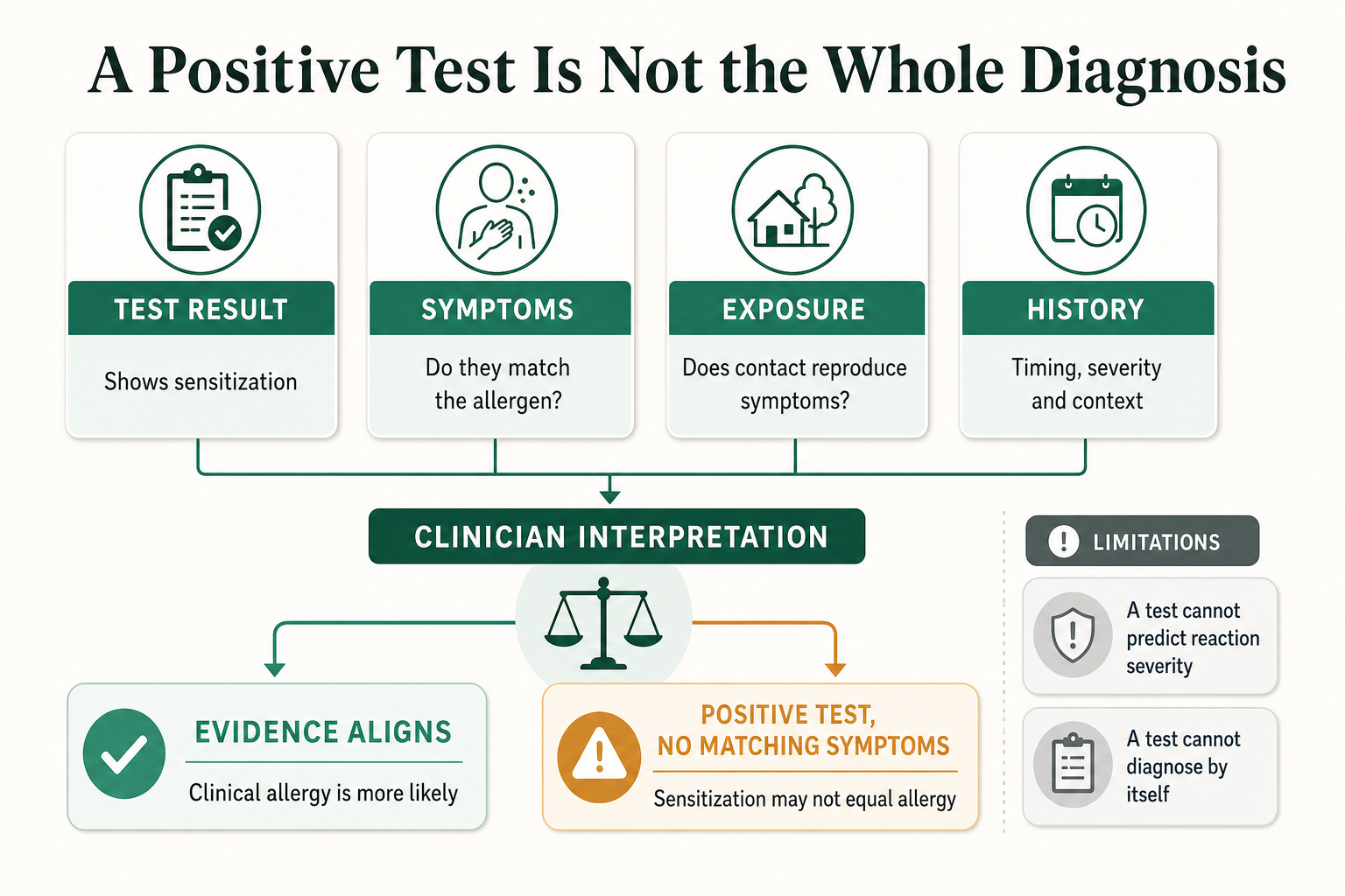 Clinical interpretation framework combining allergy test sensitization, matching symptoms, reproducible exposure and history to distinguish likely allergy from sensitization alone.