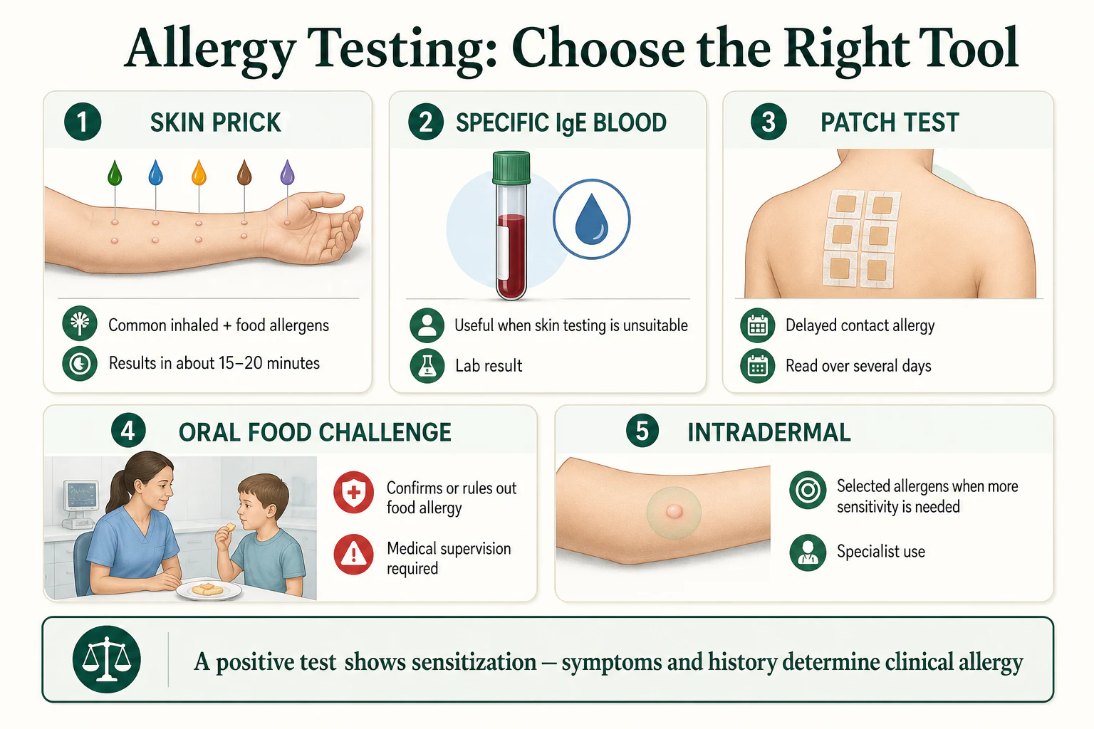 Skin prick allergy testing compared with a specific IgE blood test and the information each test provides.