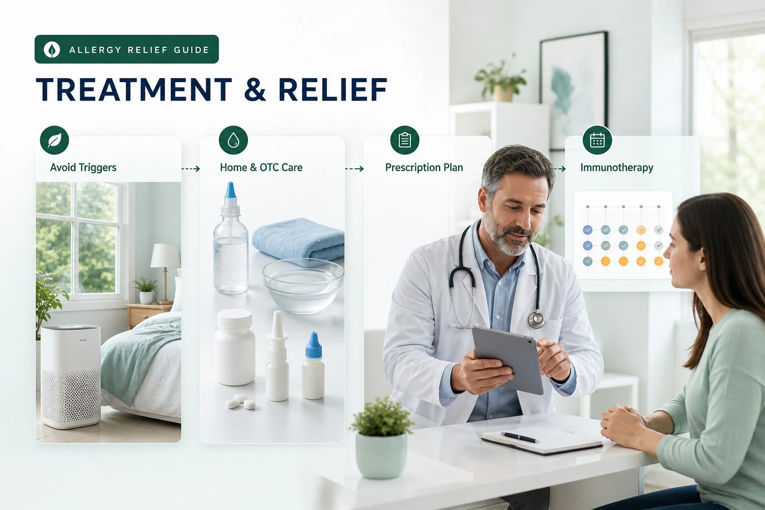 Layered allergy treatment pathway covering trigger avoidance, home and OTC care, prescription planning and immunotherapy.