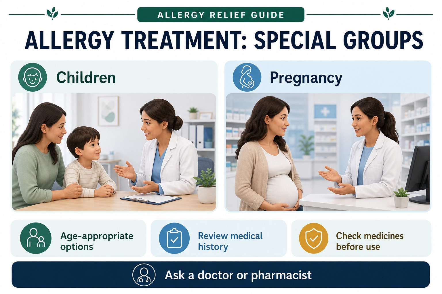 Clinician consultations about age-appropriate allergy treatment for children and medicine review during pregnancy.