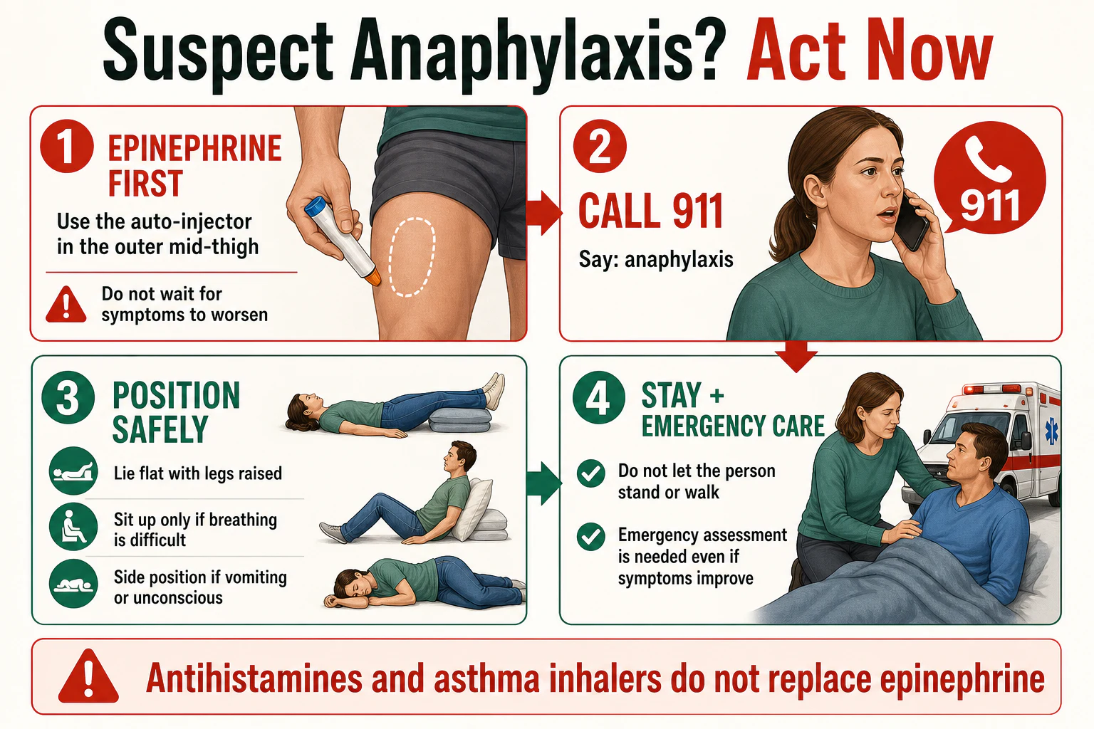 Four-step anaphylaxis emergency response: use epinephrine in the outer thigh, call 911, position the person safely and get emergency assessment.