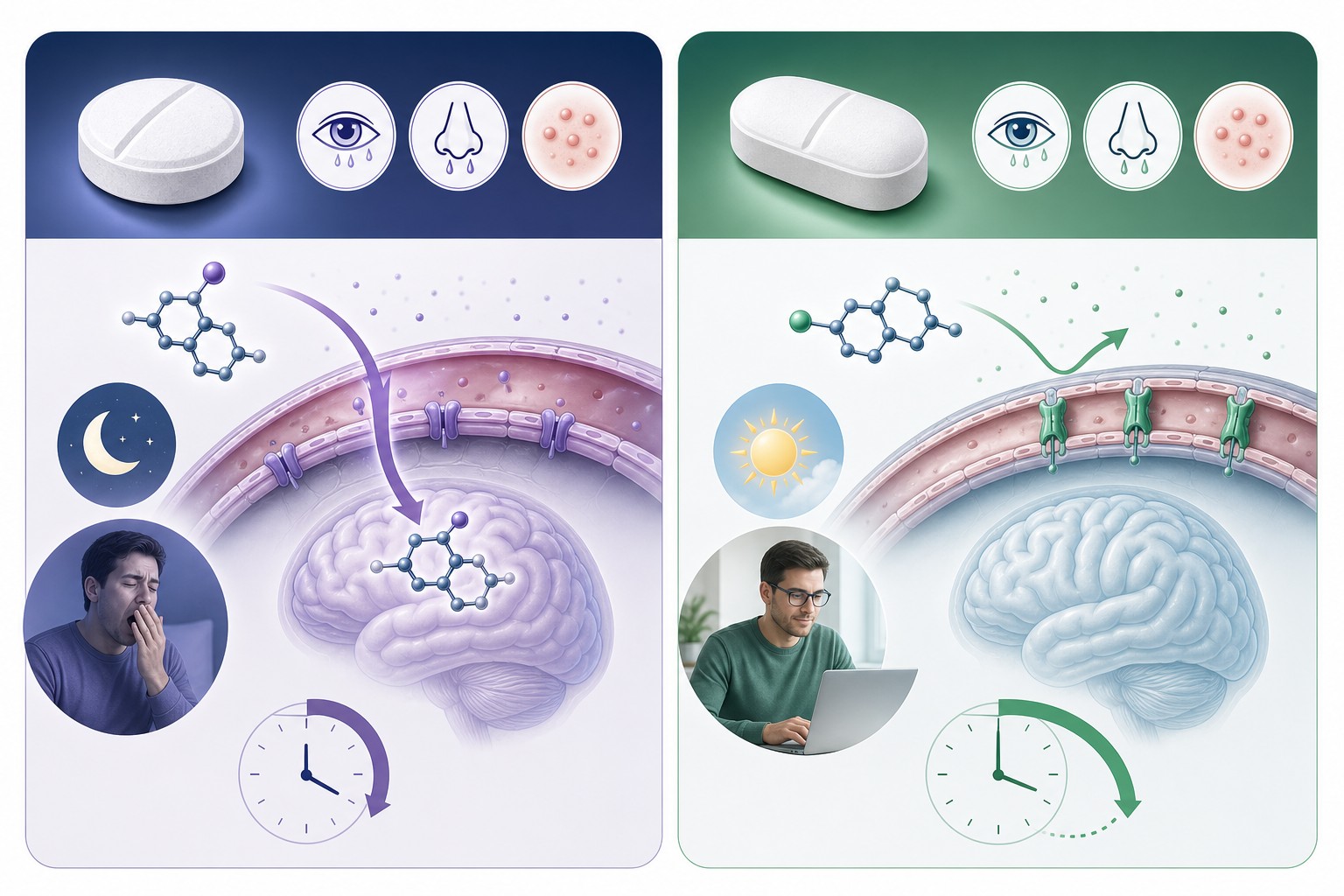 Comparison of first-generation antihistamines that more readily enter the brain and cause drowsiness with second-generation options designed for less daytime sedation.
