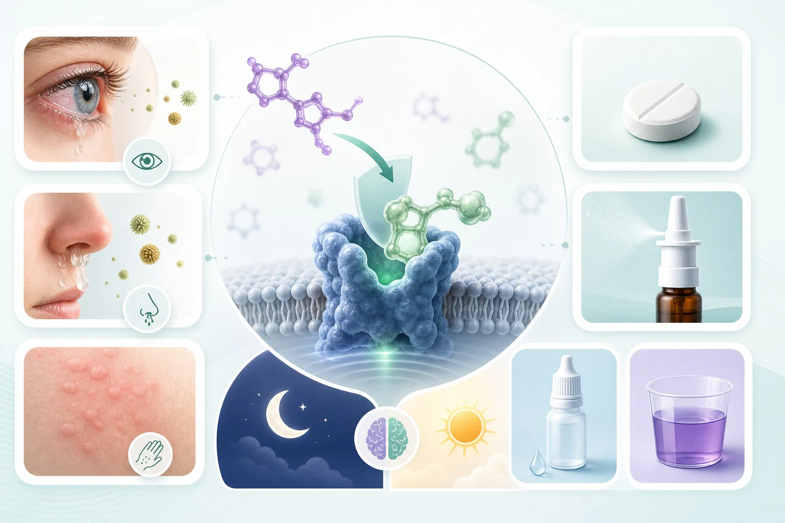 Medical illustration showing how antihistamines block histamine, the symptoms they target, common medicine forms and drowsy versus daytime options.