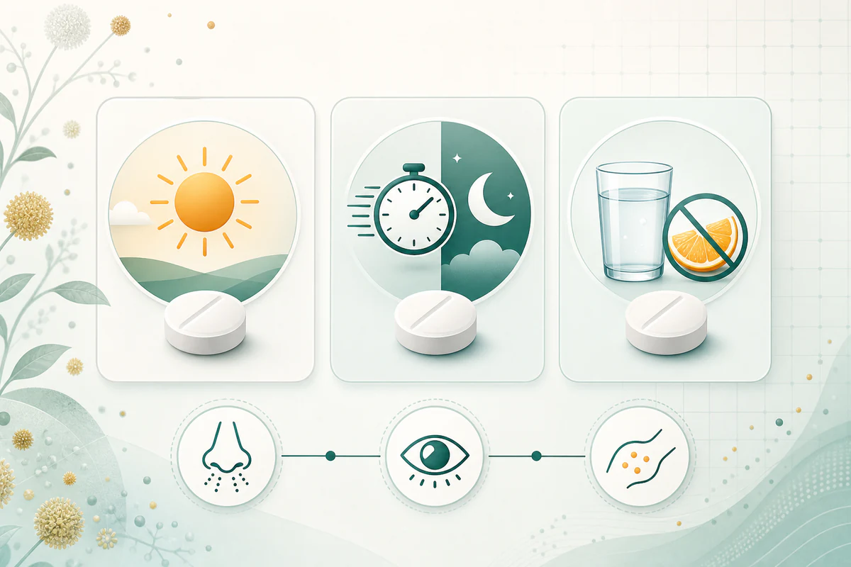 Three-card antihistamine comparison with daytime, drowsiness, and water-not-juice cues