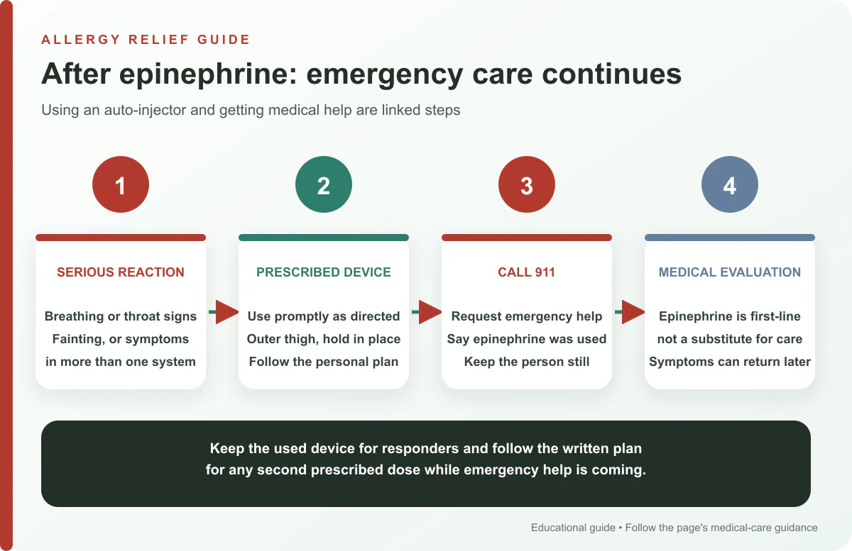 Emergency response path from suspected anaphylaxis to prescribed epinephrine, 911 and medical evaluation