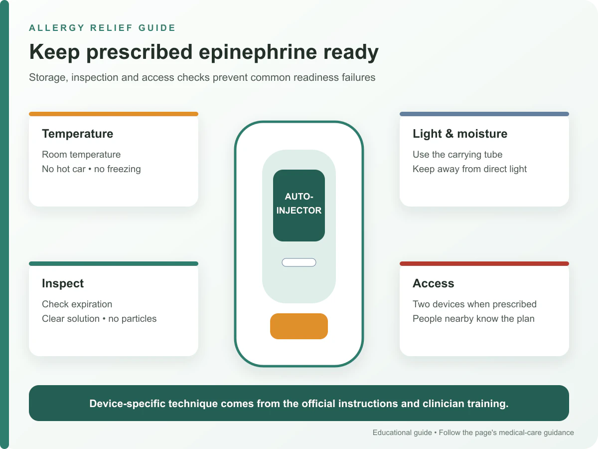 Epinephrine auto-injector storage and access checklist for temperature, light, expiration, two devices and trained caregivers
