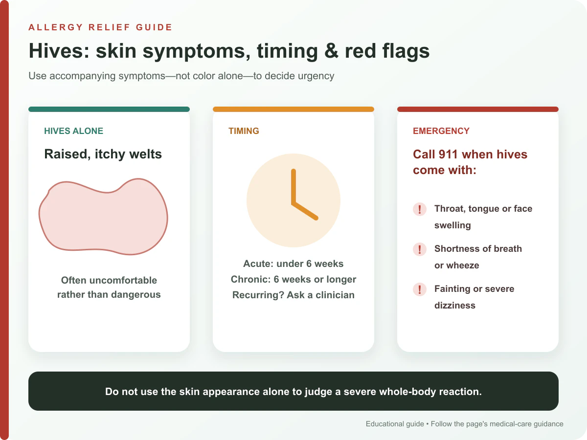 Hives guide comparing isolated welts, acute and chronic timing, and emergency swelling or breathing signs