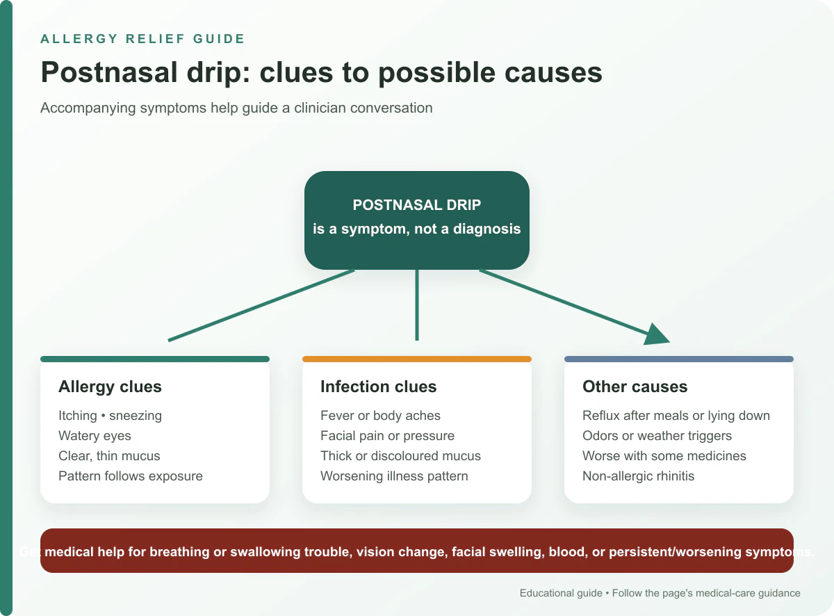 Postnasal drip cause clues comparing allergy patterns, infection clues, reflux and non-allergic rhinitis