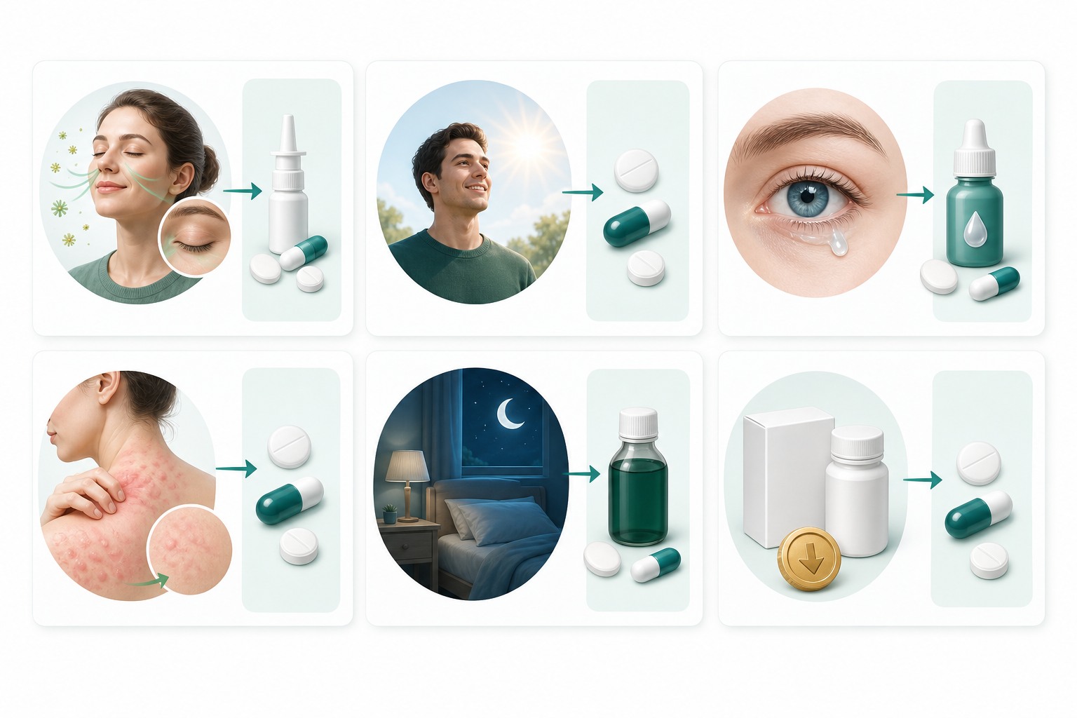 Visual guide matching antihistamine choices to everyday allergy relief, staying alert, itchy eyes, hives, nighttime use and budget needs.