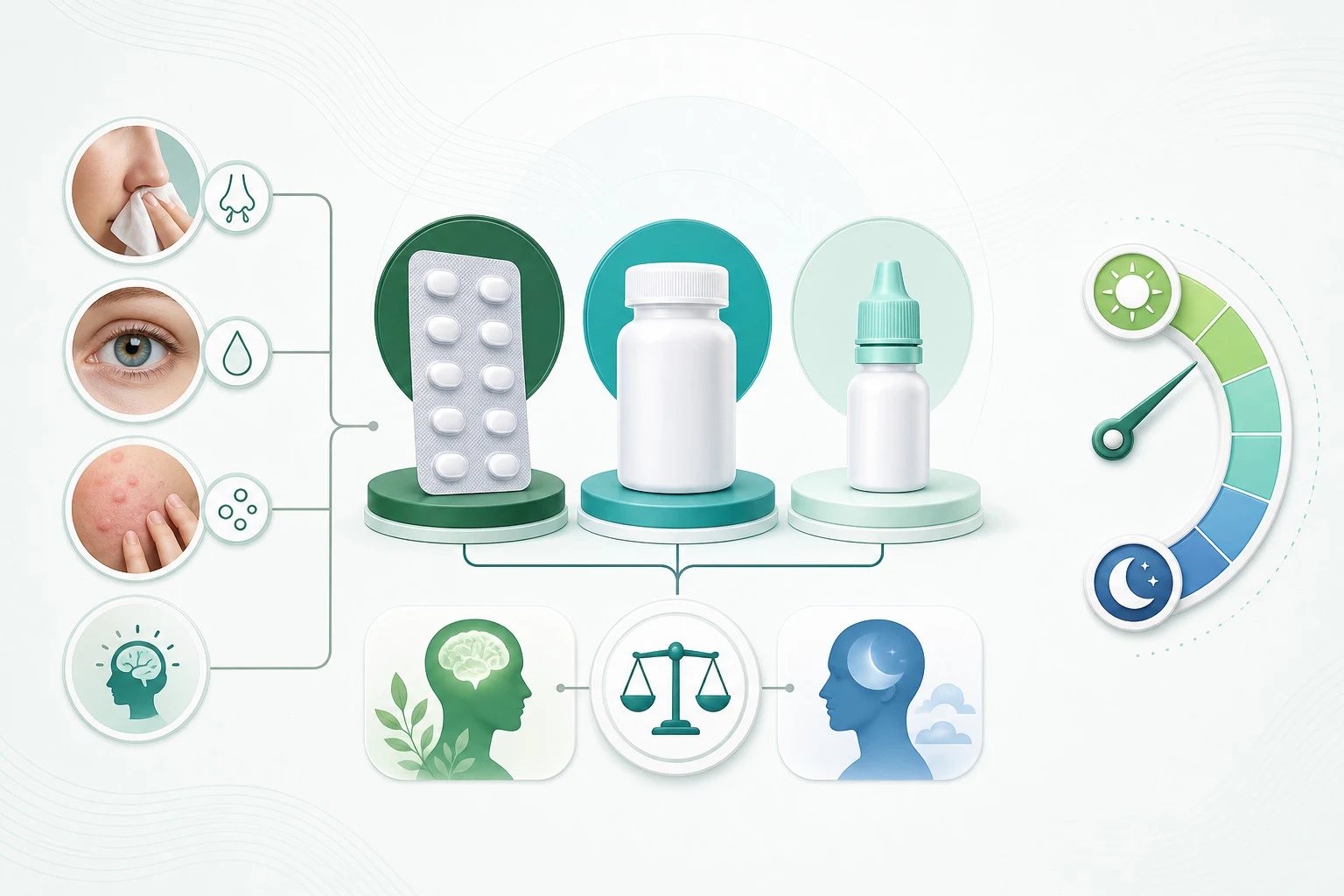 Visual comparison of generic antihistamine forms, allergy symptoms and drowsiness considerations.