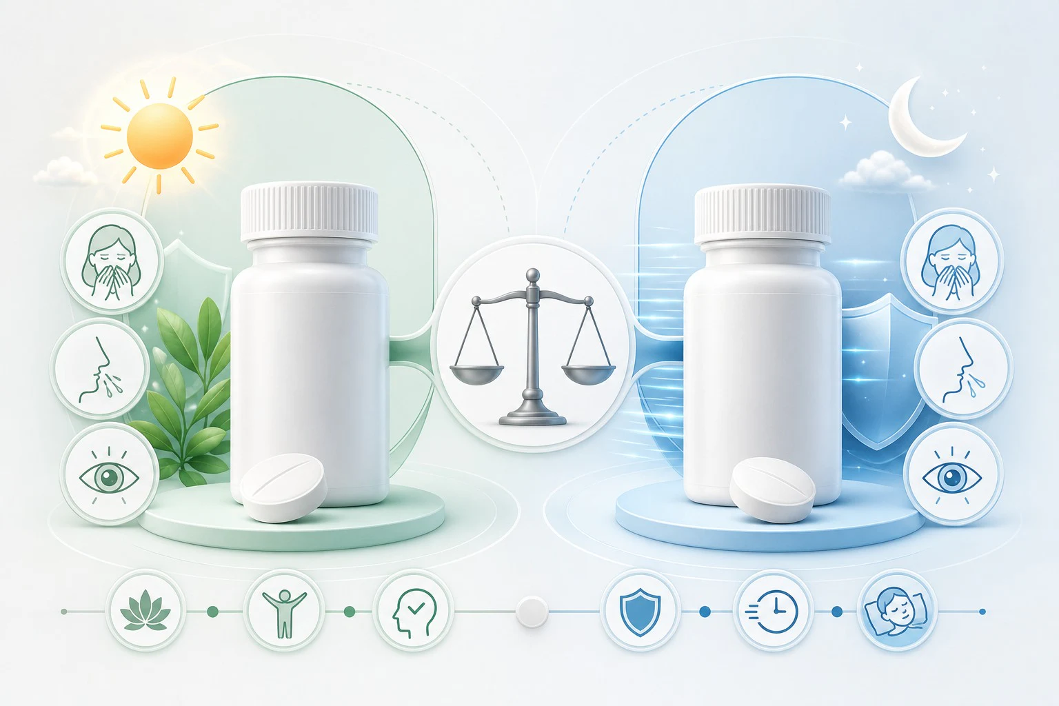 Side-by-side visual comparison of loratadine and cetirizine for allergy relief, alertness and drowsiness.