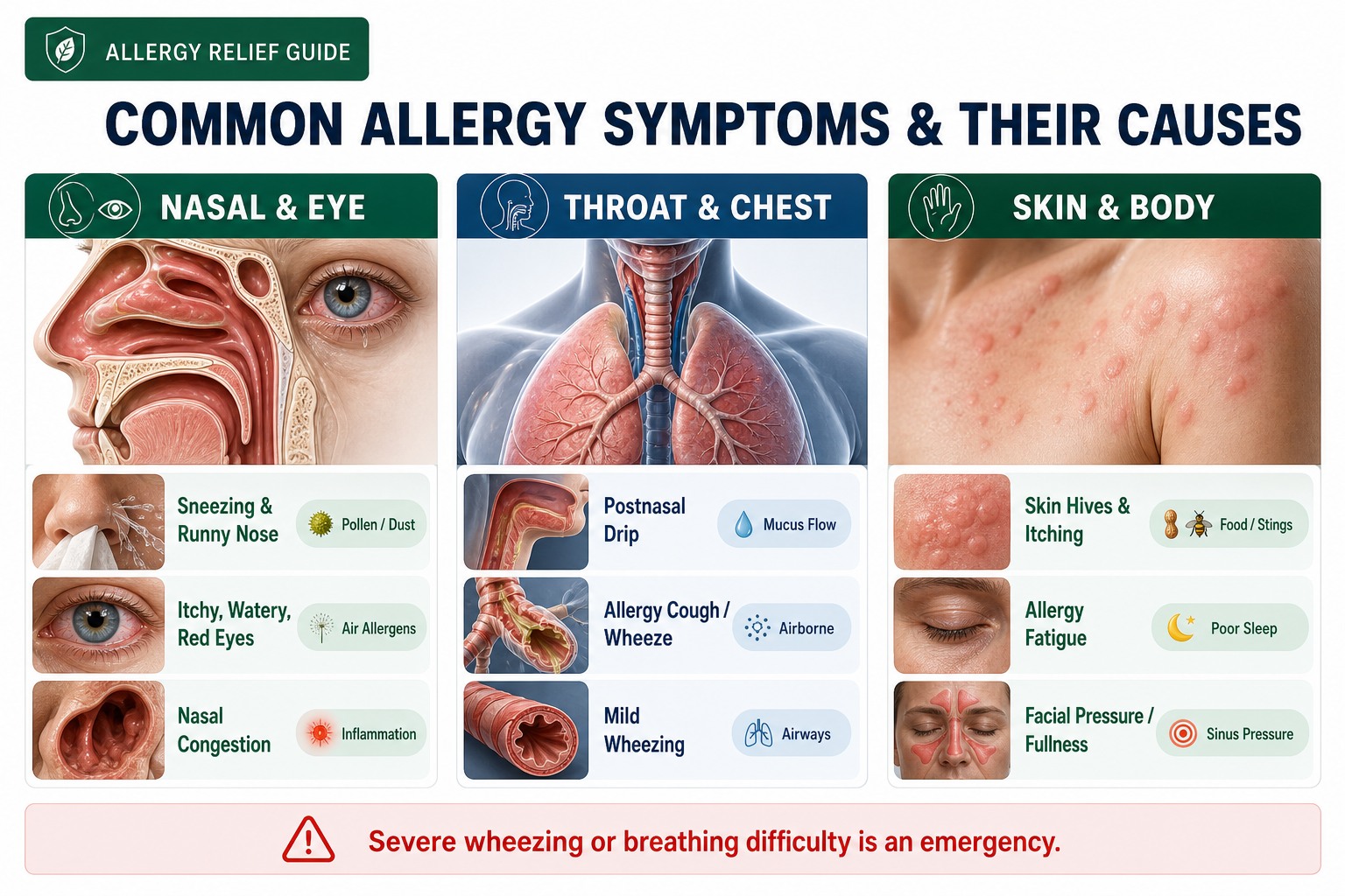 Chart of common allergy symptoms and their causes, grouped into nasal and eye, throat and chest, and skin and body symptoms.