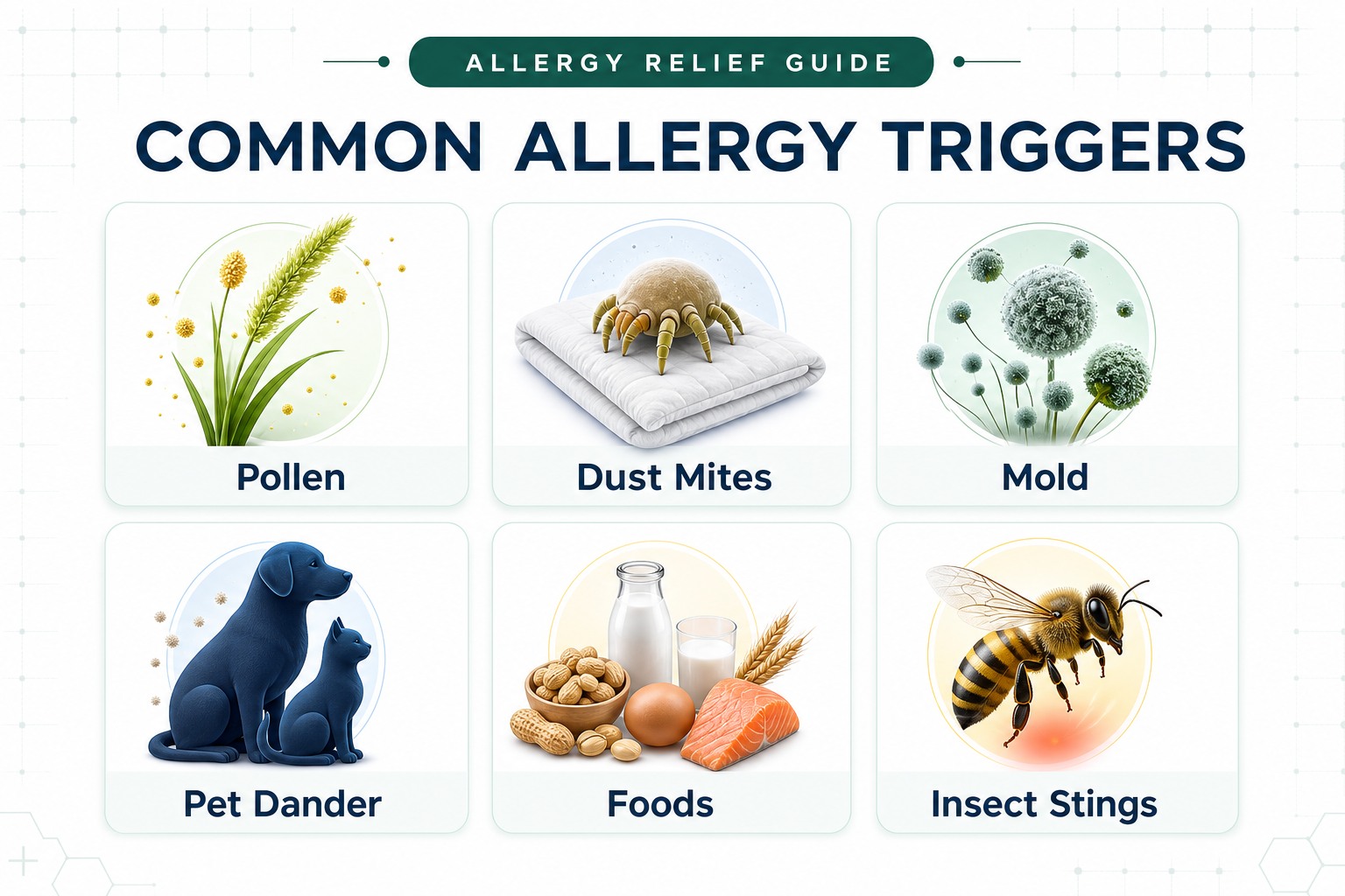 Common allergy triggers: pollen, dust mites, mold, pet dander, foods and insect stings.