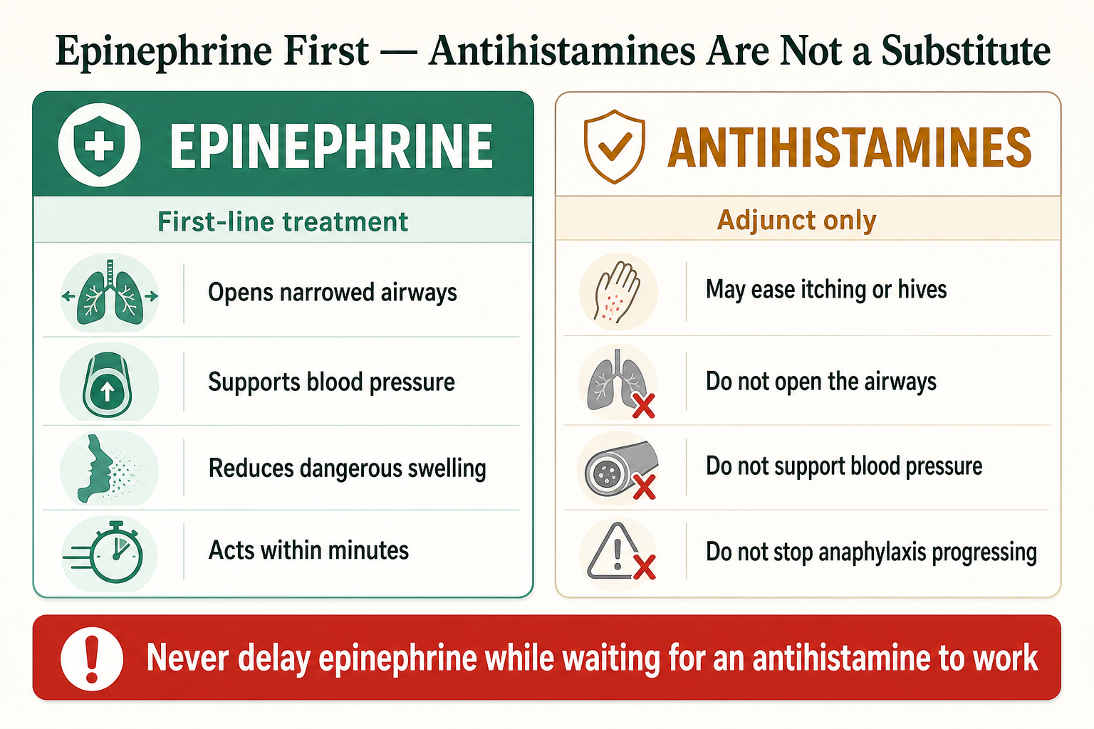 Comparison showing epinephrine as first-line treatment for airway narrowing, low blood pressure and swelling, while antihistamines are adjuncts for itching or hives only.