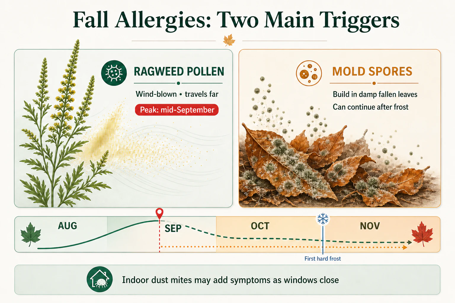 Fall allergy triggers including ragweed pollen and mold in fallen leaves, with the season peaking in September.