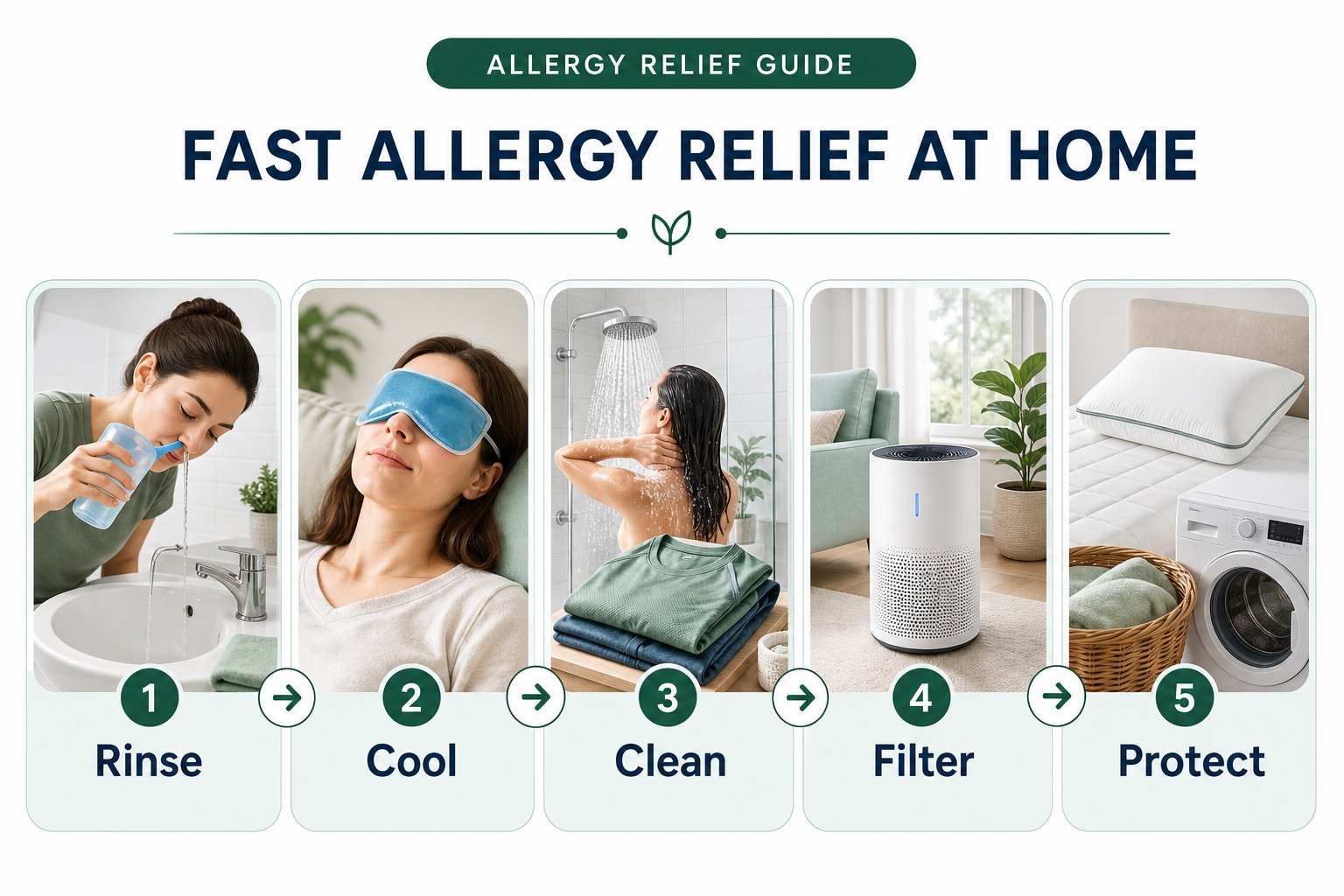 Five fast allergy relief steps at home: saline rinse, cool eye compress, shower and change, filter indoor air, and protect bedding.