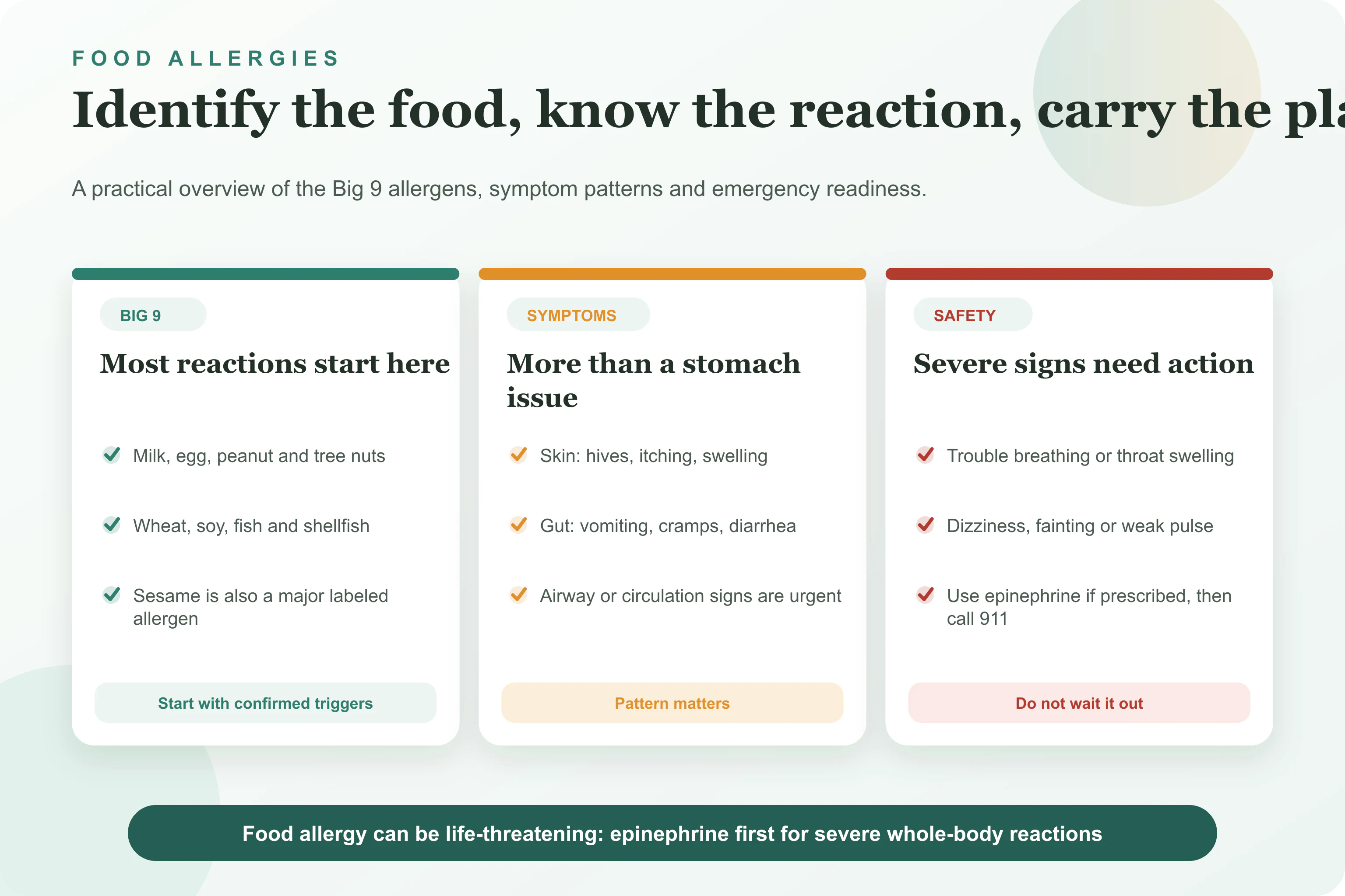 Food allergy overview showing the Big 9 allergens, symptom systems and emergency safety steps.