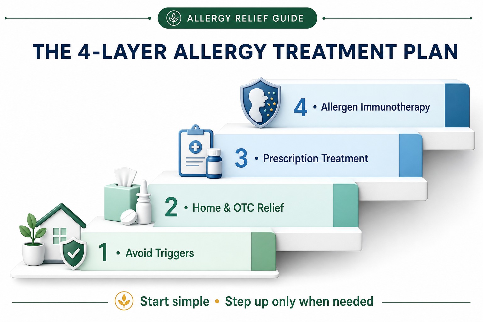 The four layers of allergy treatment: avoid triggers, home and OTC relief, prescription treatment and allergen immunotherapy.