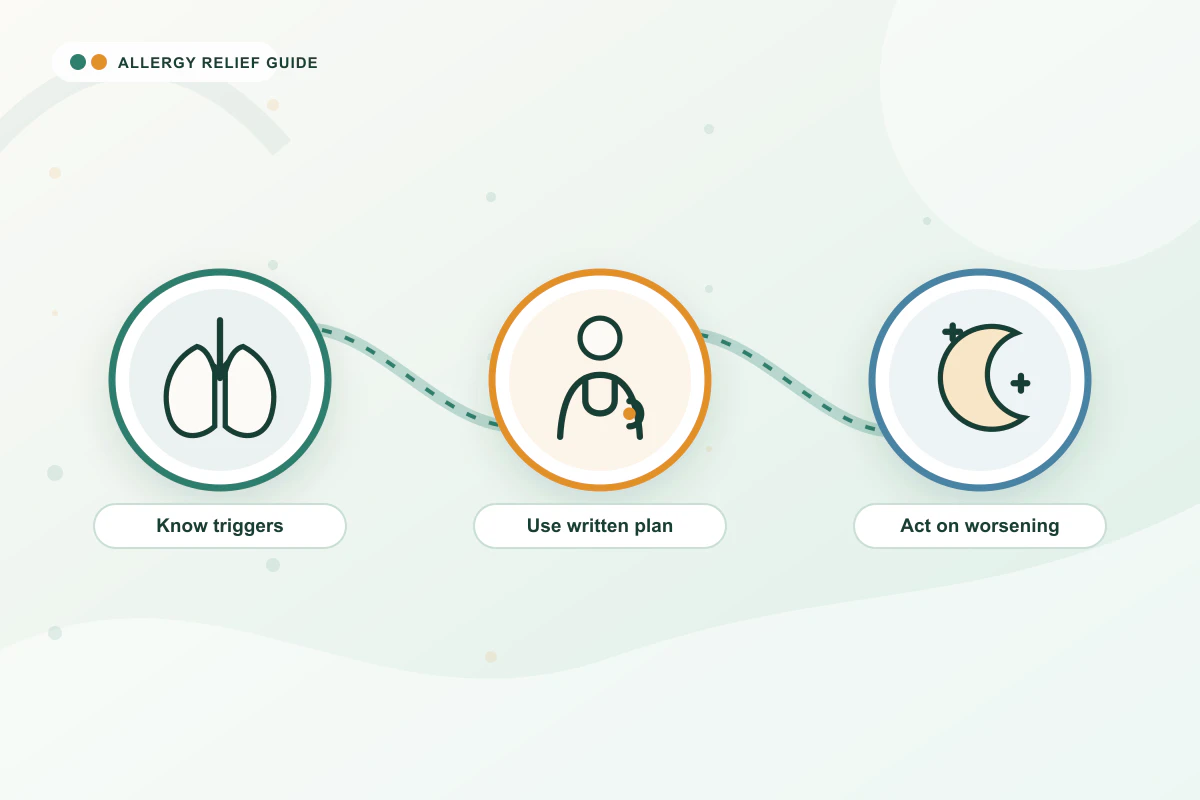 Managing Allergic Asthma Long-Term medical illustration with lungs, clinician, moon guidance cues