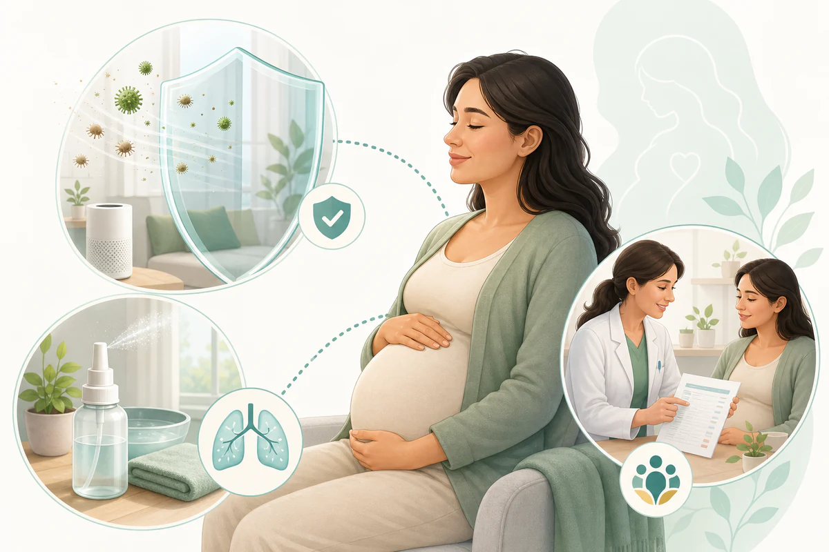Pregnant adult with clean-air, saline-care, breathing, and clinician-review guidance scenes