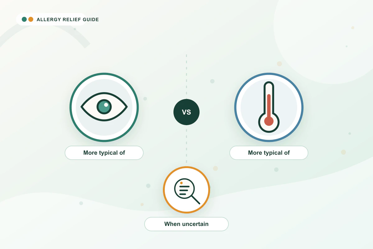 Allergy vs COVID Symptoms medical illustration with eye, thermometer, testing guidance cues