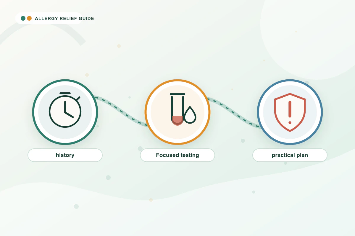 What to Expect at an Allergist Visit medical illustration with clock, blood, emergency guidance cues