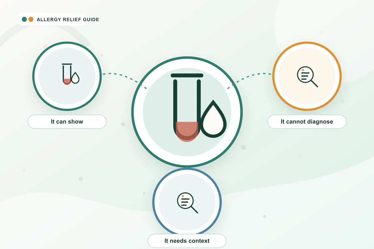 Blood Test for Allergies (IgE) medical illustration with blood, testing, testing guidance cues