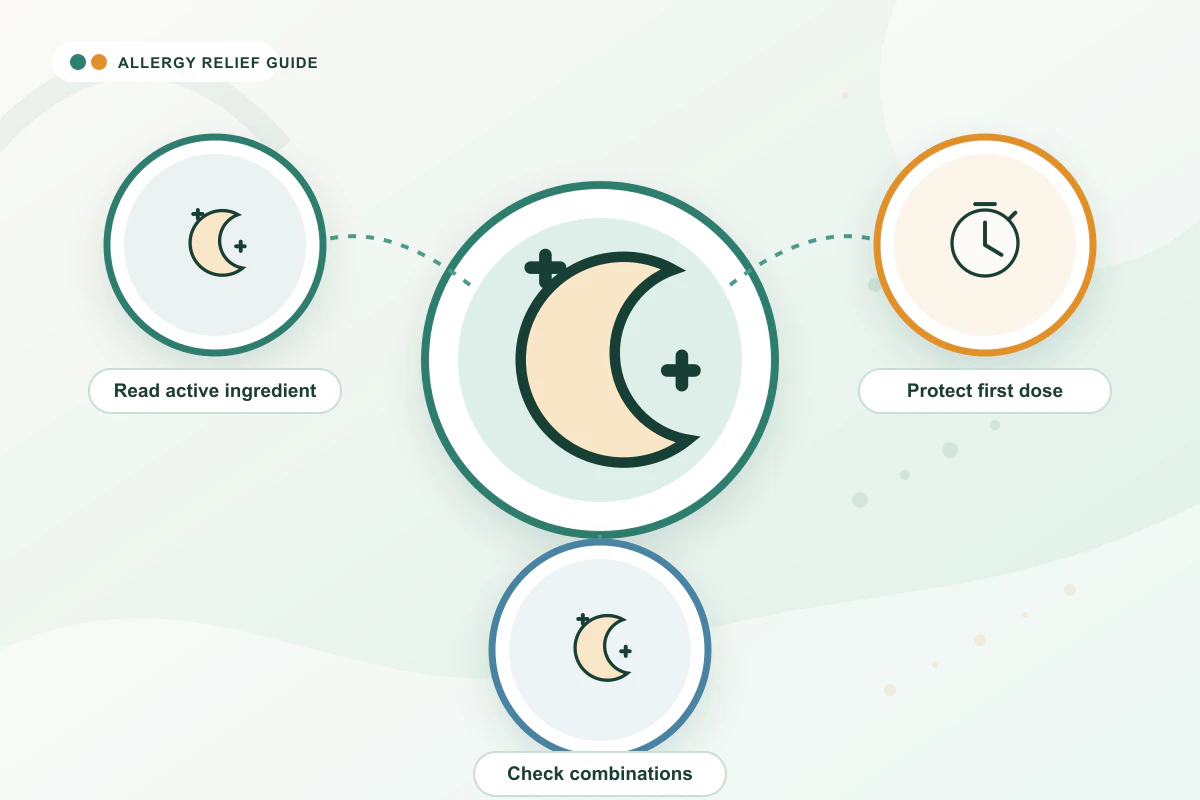 Do Antihistamines Make You Sleepy? medical illustration with moon, clock, moon guidance cues