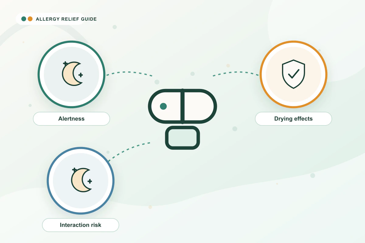Antihistamine Side Effects medical illustration with moon, shield, moon guidance cues
