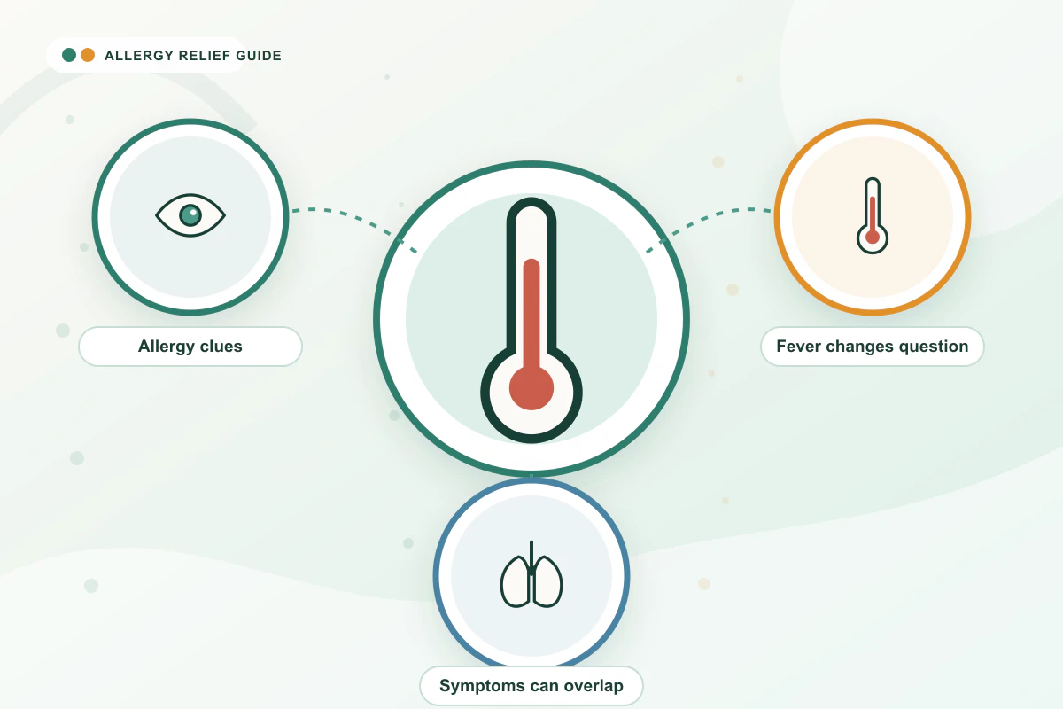 Can Allergies Cause a Fever? medical illustration with eye, thermometer, lungs guidance cues