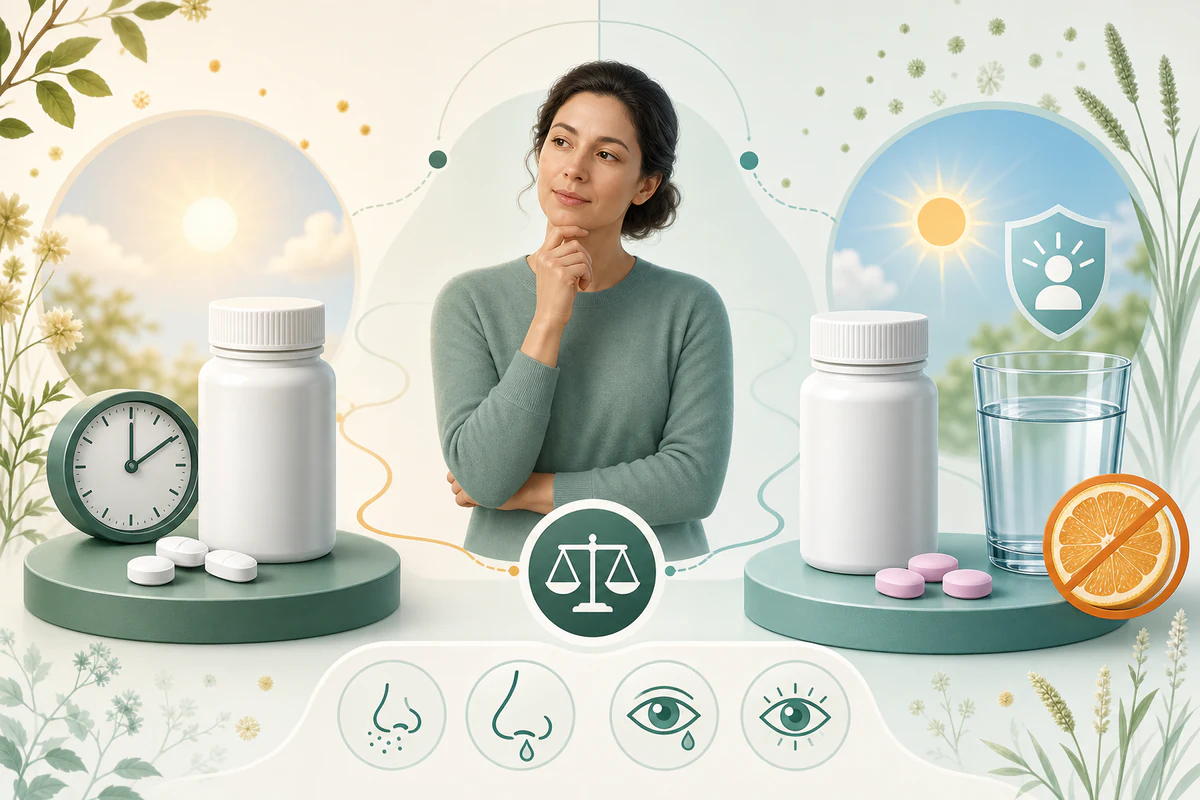 Adult comparing two antihistamine options with timing, alertness, water, and no-citrus cues