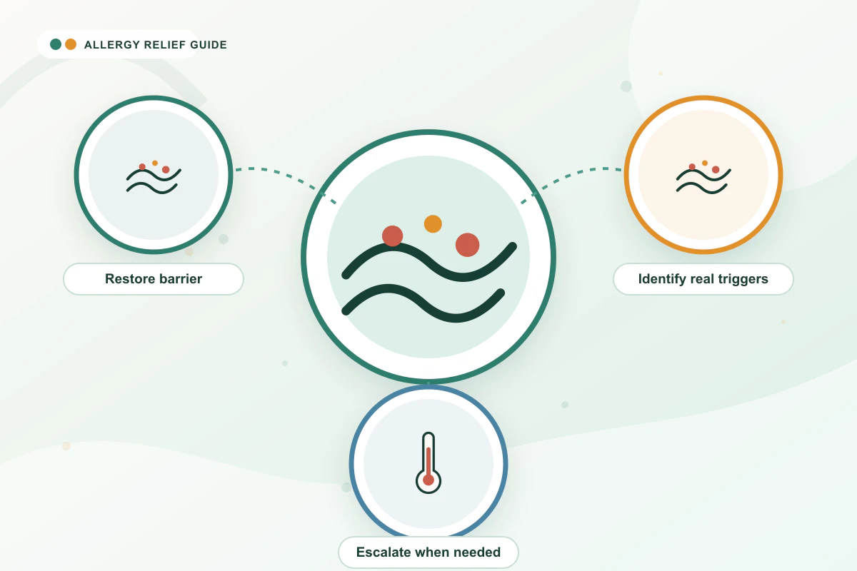 Eczema and Allergies medical illustration with skin, skin, thermometer guidance cues