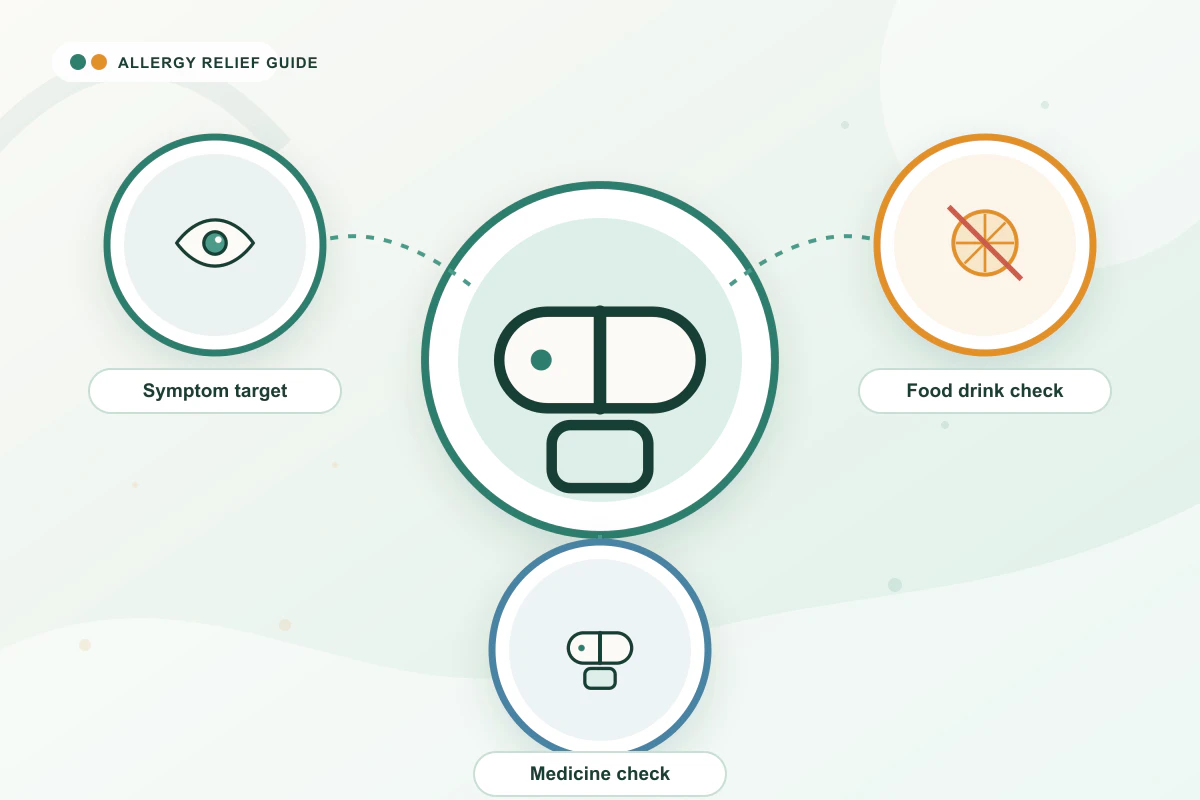 Fexofenadine (Allegra) Guide medical illustration with eye, citrus, medicine guidance cues