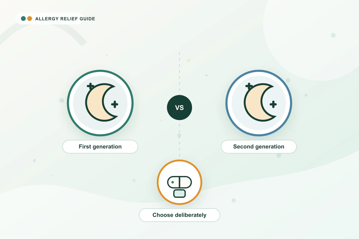First-Gen vs Second-Gen Antihistamine medical illustration with moon, moon, medicine guidance cues