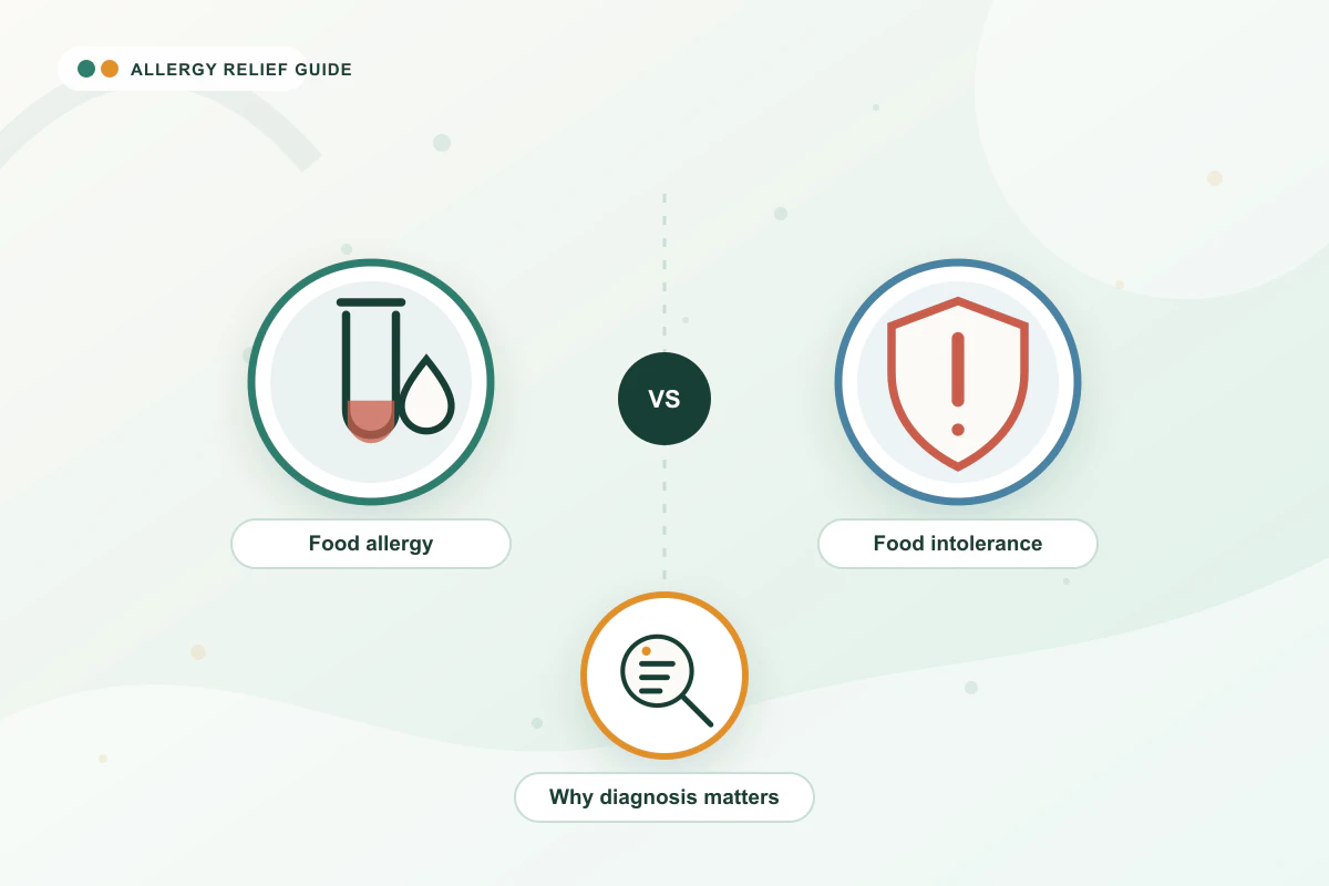 Food Allergy vs Food Intolerance medical illustration with blood, emergency, testing guidance cues