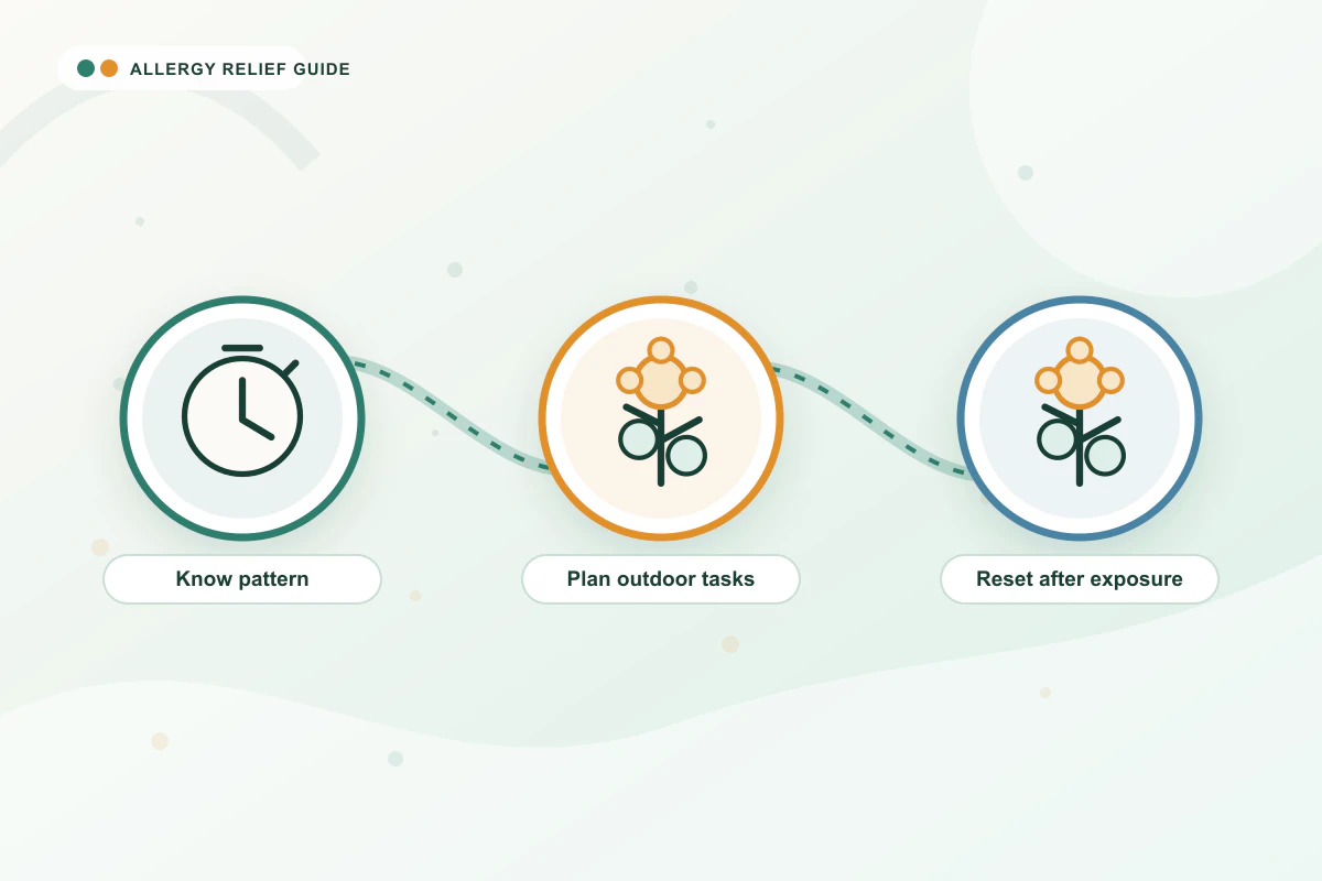 Grass Pollen Allergy medical illustration with clock, pollen, pollen guidance cues