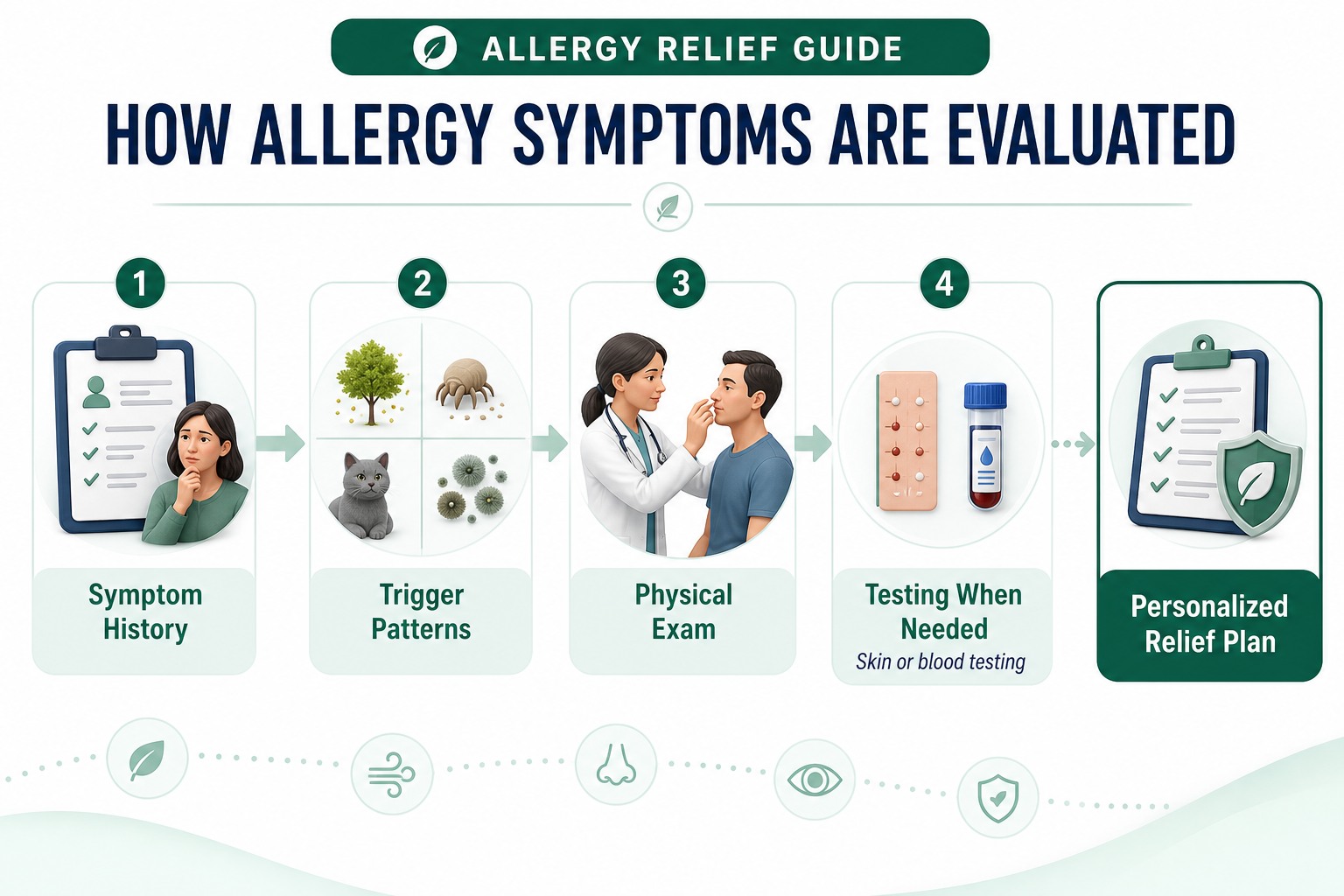 Allergy evaluation pathway covering symptom history, trigger patterns, physical examination, testing when needed and a personalized relief plan.