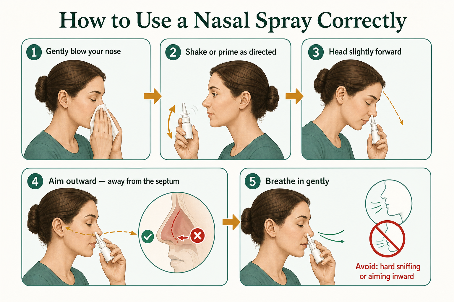 Five-step nasal spray technique showing nose preparation, bottle priming, head position, aiming outward away from the septum, and gentle breathing.