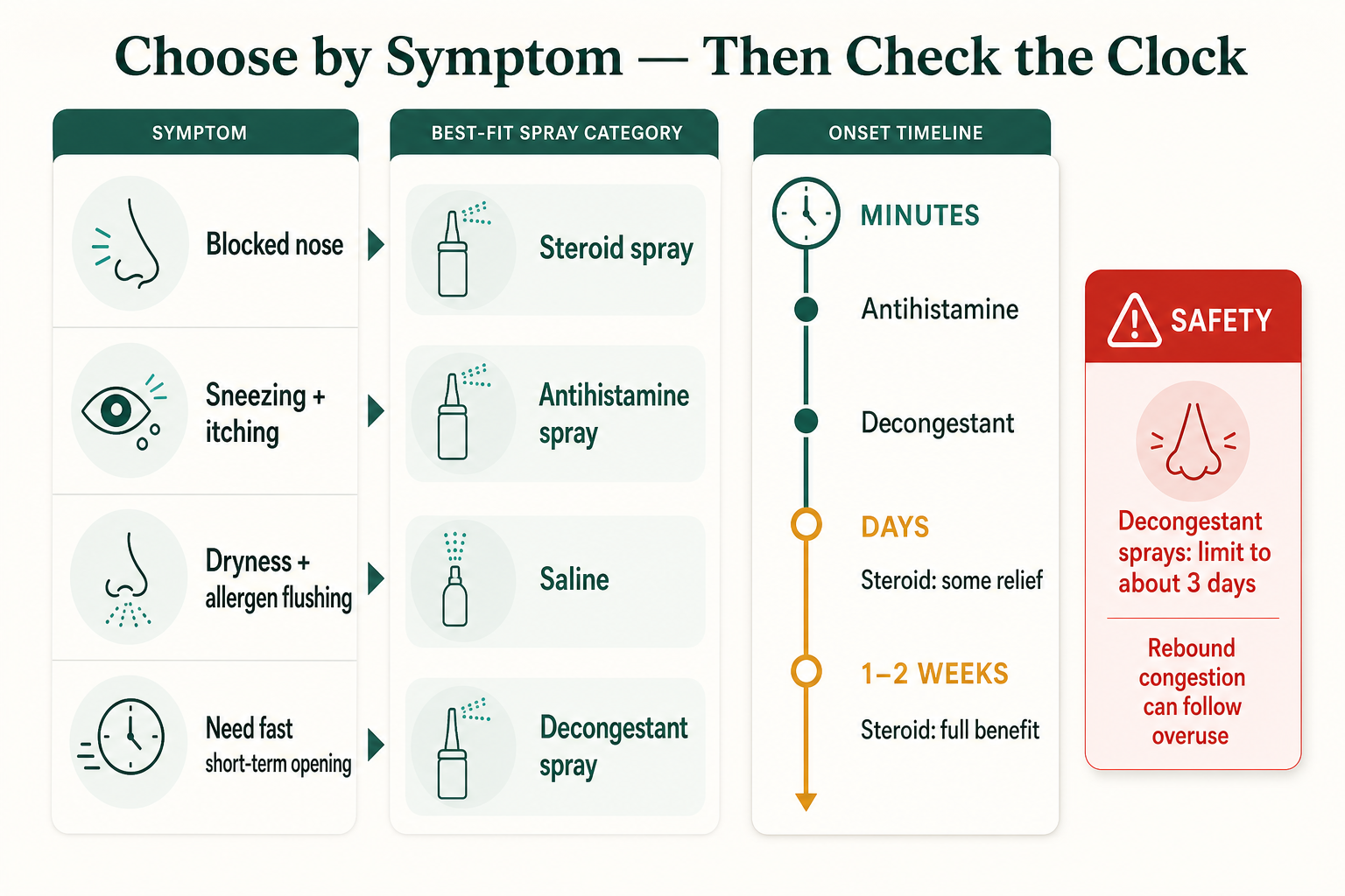 Decision guide matching blocked nose, sneezing and itching, dryness, and fast short-term relief to nasal spray categories, with onset times and the decongestant three-day warning.