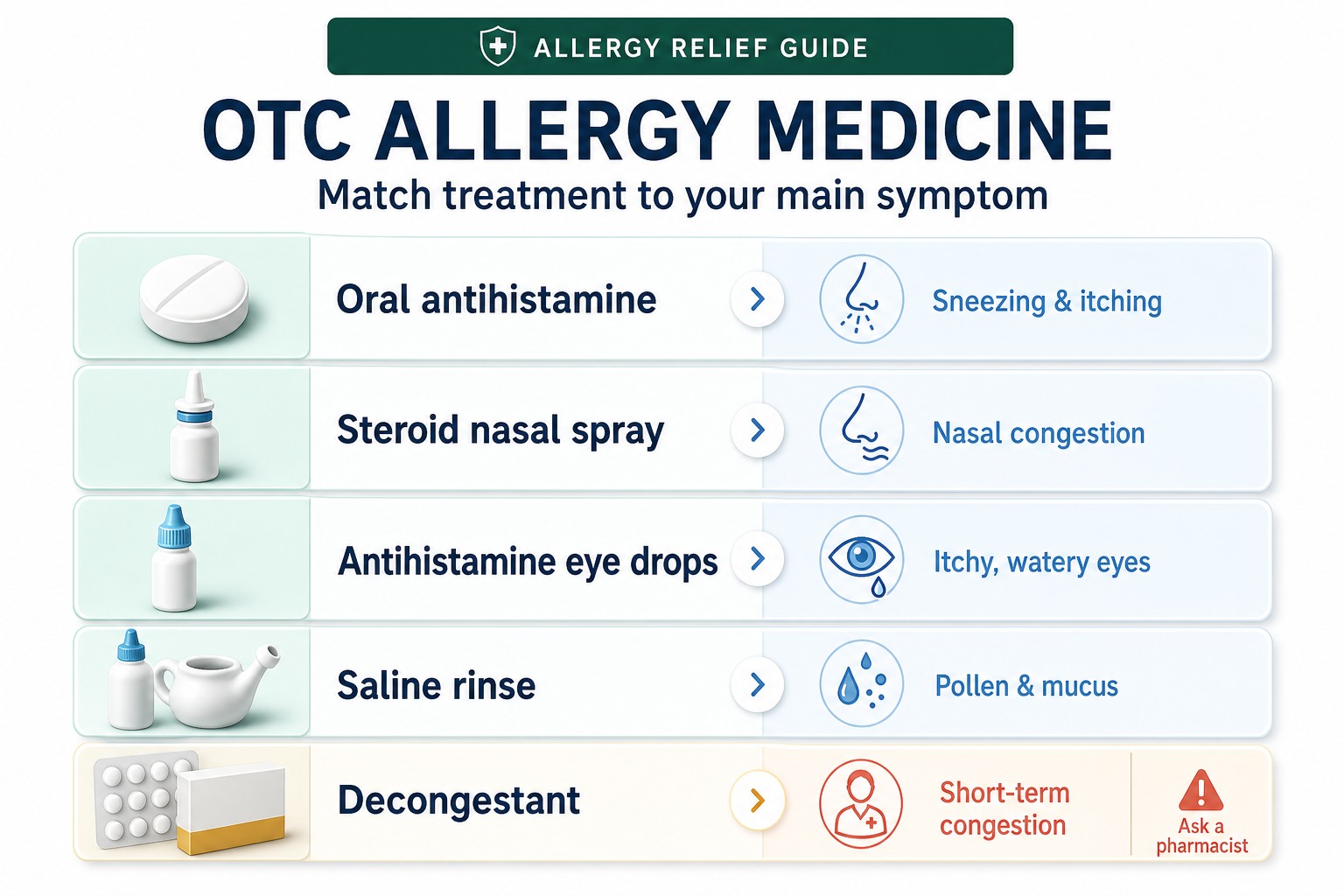 Chart matching oral antihistamines, steroid nasal sprays, antihistamine eye drops, saline rinses and decongestants to allergy symptoms.