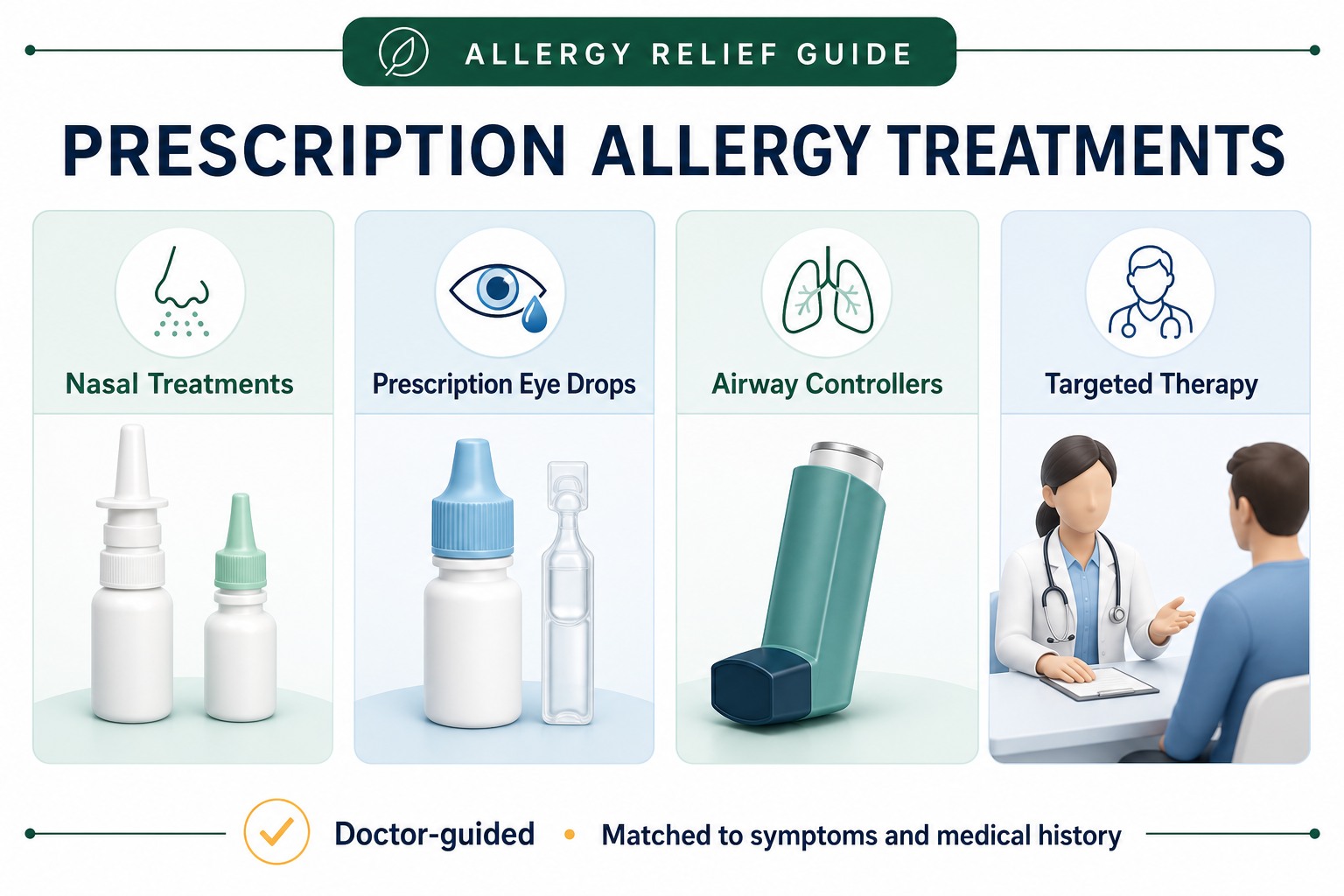 Overview of clinician-guided prescription allergy treatments including nasal, eye, airway and targeted therapies.