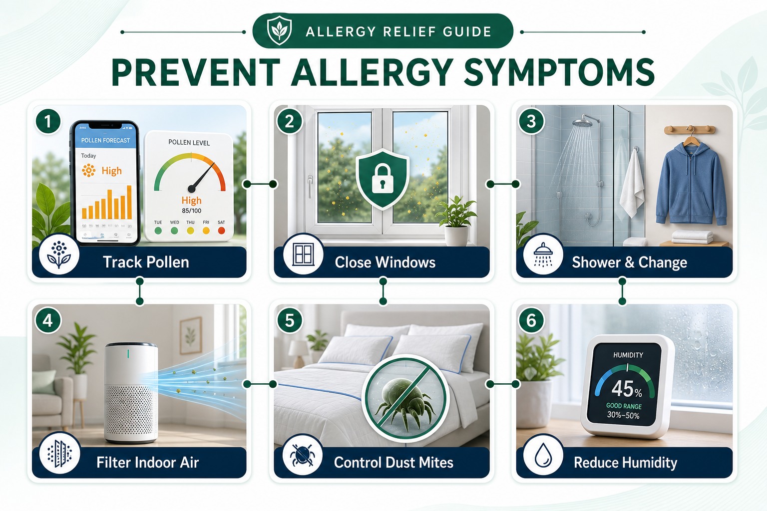 Six ways to prevent allergy symptoms: track pollen, close windows, shower and change, filter indoor air, control dust mites and reduce humidity.